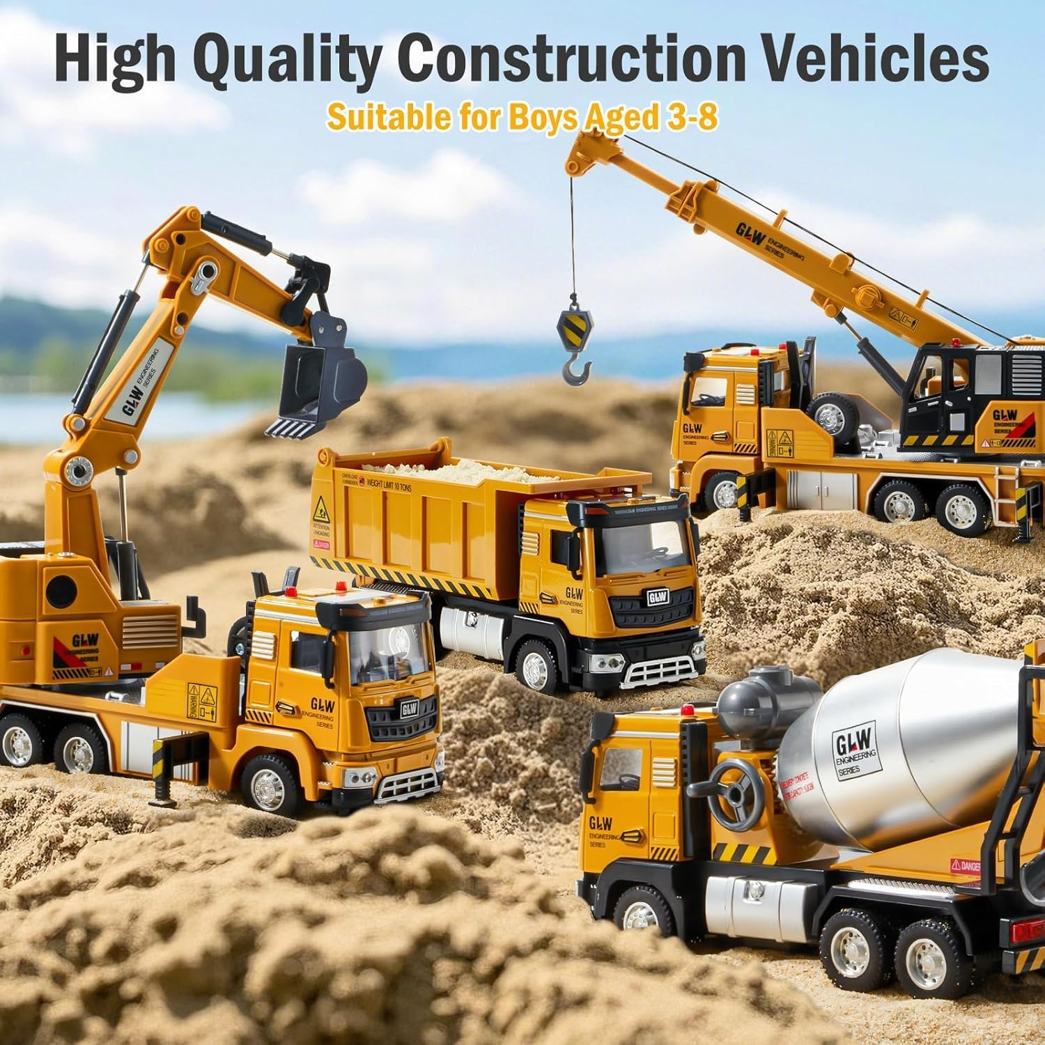 Uandhome Construction Cement Mixer Toy Truck for Boys,Alloy Realistic Pull Back Truck with Lights and Sound, Perfect Birthday for Toddlers Kids Ages 3-8 (Cement Mixer Truck) - Exacavator Truck image number 6