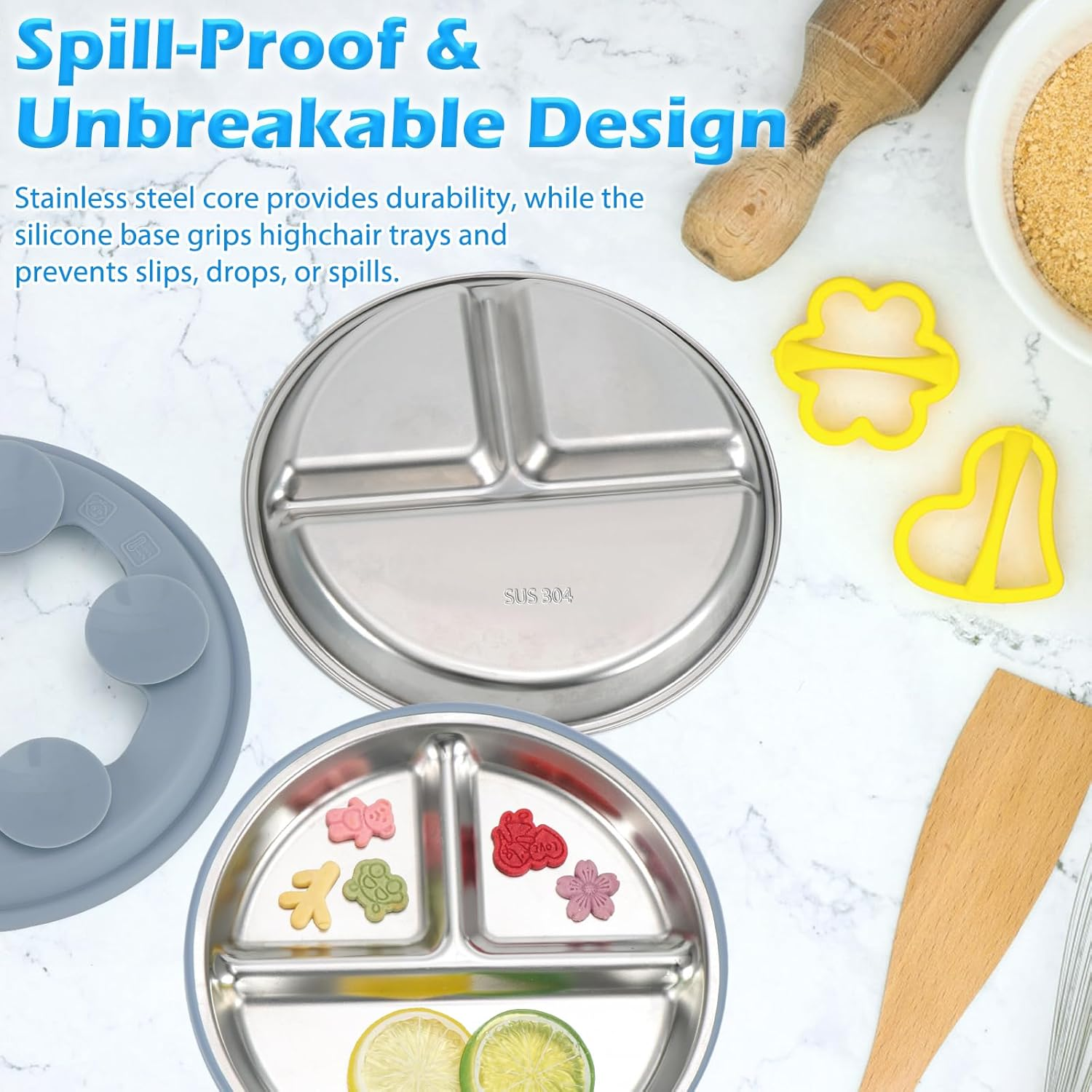 Silicone Feeding Set,Stainless Steel Suction Plate,Baby Utensil Set.Include a Spoon,A Fork, a Plate,A Stainless Steel Kids Bowl. image number 2