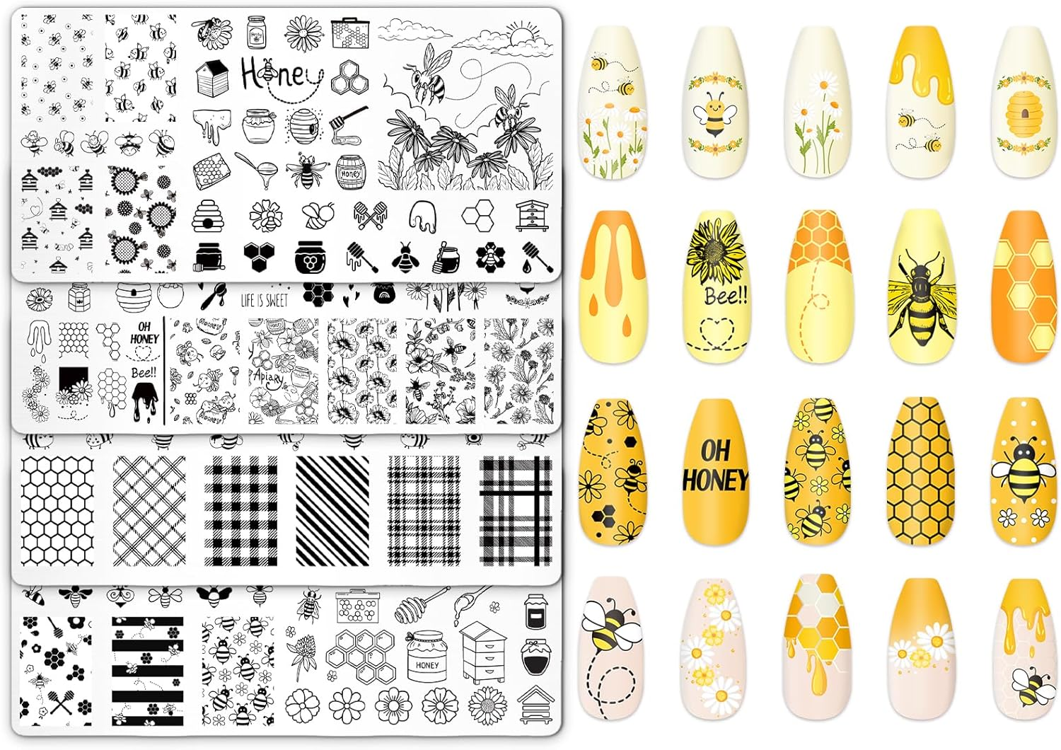 Jarthenaamcs 4Pcs Bee Nail Plates Stamping Set Honeycomb Floral Stamp Templates Nail Art Plates for Spring Summer DIY Print Manicure Salon Design image number 1