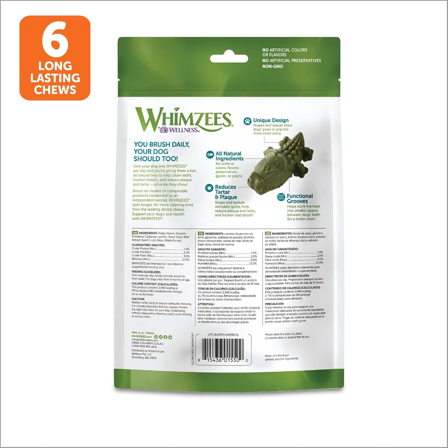 WHIMZEES Alligator Dental Dog Treats, Value Bag, Large (18-27Kg Dogs), Natural Daily Dental Chews (Pack of 6) image number 2