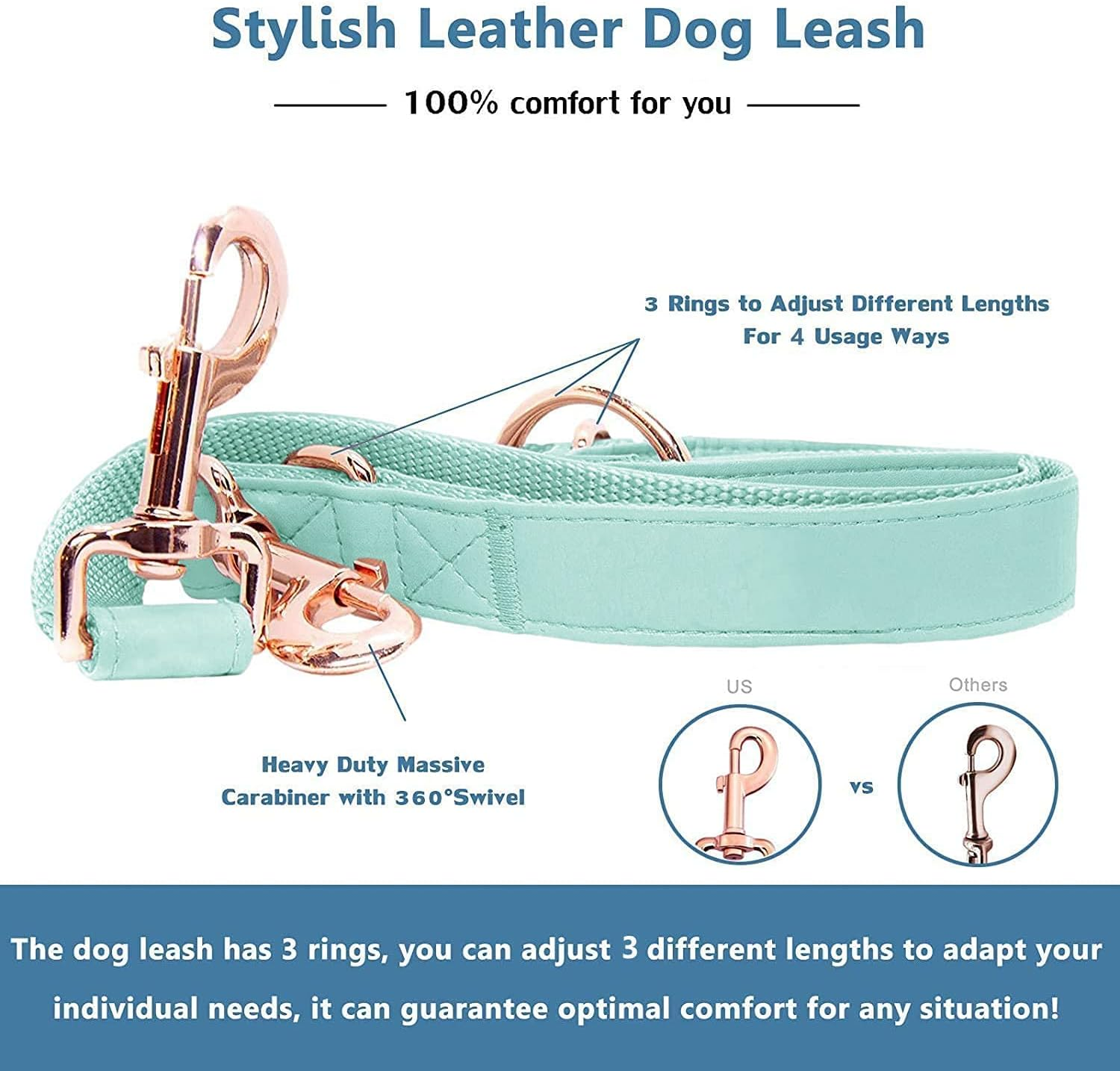 Soft Leather Dog Collar and Leash (6.6') Set - Stylish Rose Gold Heavy Duty Metal Buckle, 4 Adjustable Lengths Leash for Small Medium Large Dogs - Comfortable & Easy to Clean (Green, L(15.4"-24.8"))