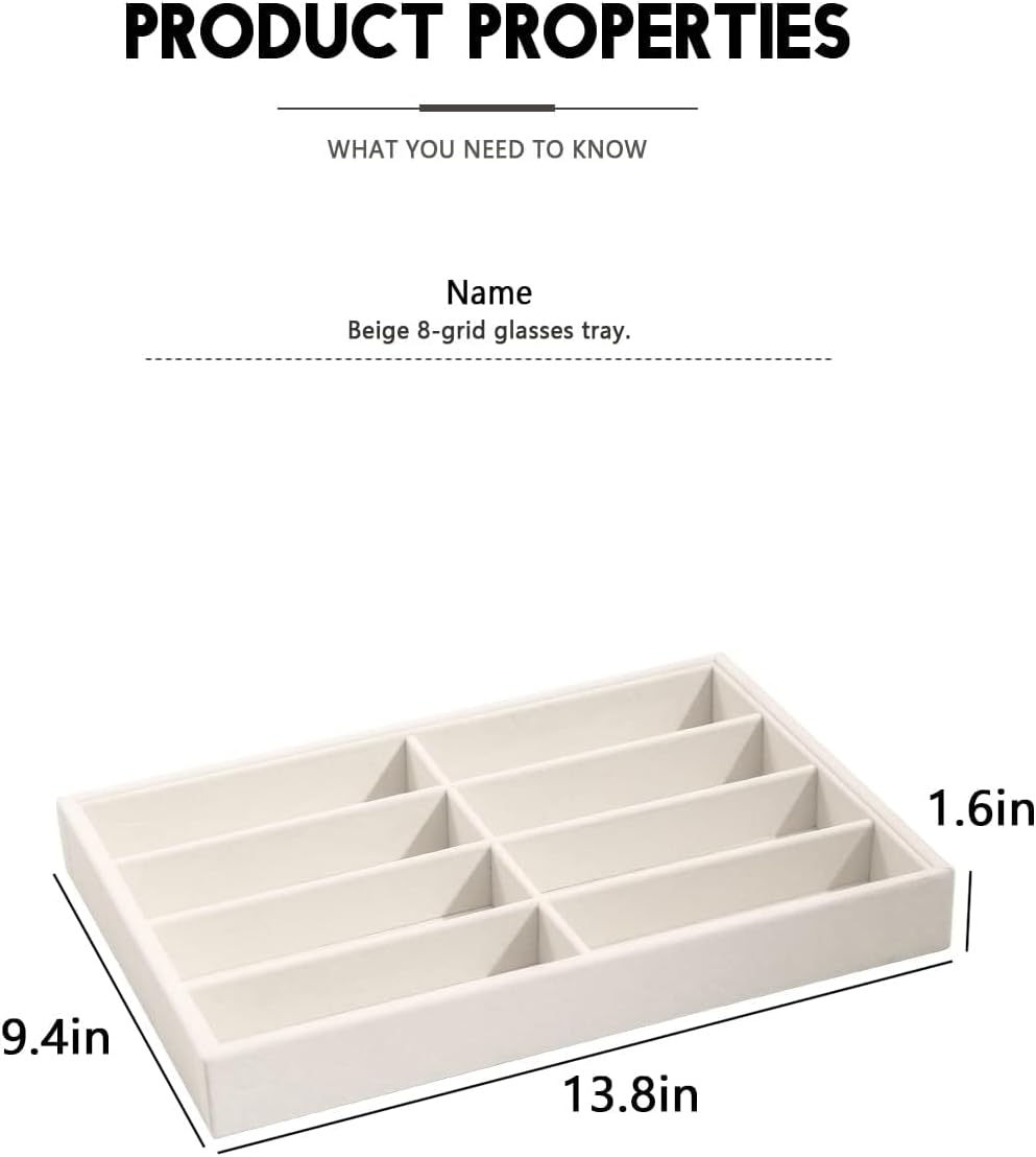 Sunglass Organizer Tray, Beige Velvet Glasses Trays, Eyeglasses Watches Jewelry Display Organizer Tray Box for Men Women (8 Grids Beige) - 6 Grids Beige image number 2