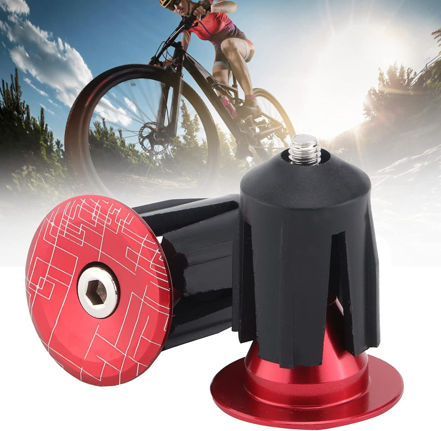 Phefop 2Pcs Bike Handlebar End Plugs Aluminum Alloy Expanding Locking Caps for Road Bike, High Abrasion Resistance Bar End Caps for Enhanced Cycling Experience (Red) image number 1