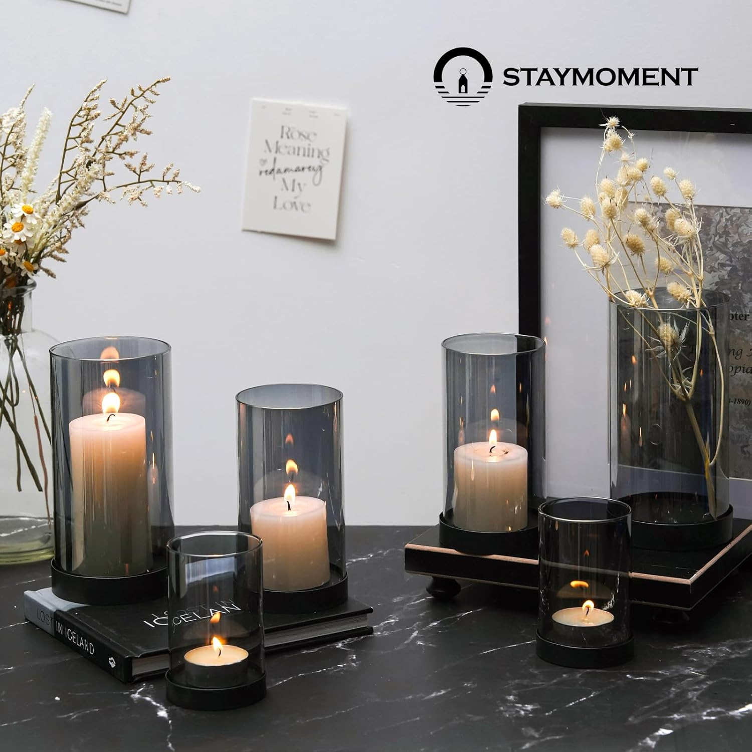 Glass Lanterns, Black: Set of 6 Lanterns, Outdoor Table Decoration, Glass Cylinder Candle Holder, Metal, Modern Decoration, Living Room, Bathroom, Patio, Lanterns, Outdoor and Indoor Tea image number 3