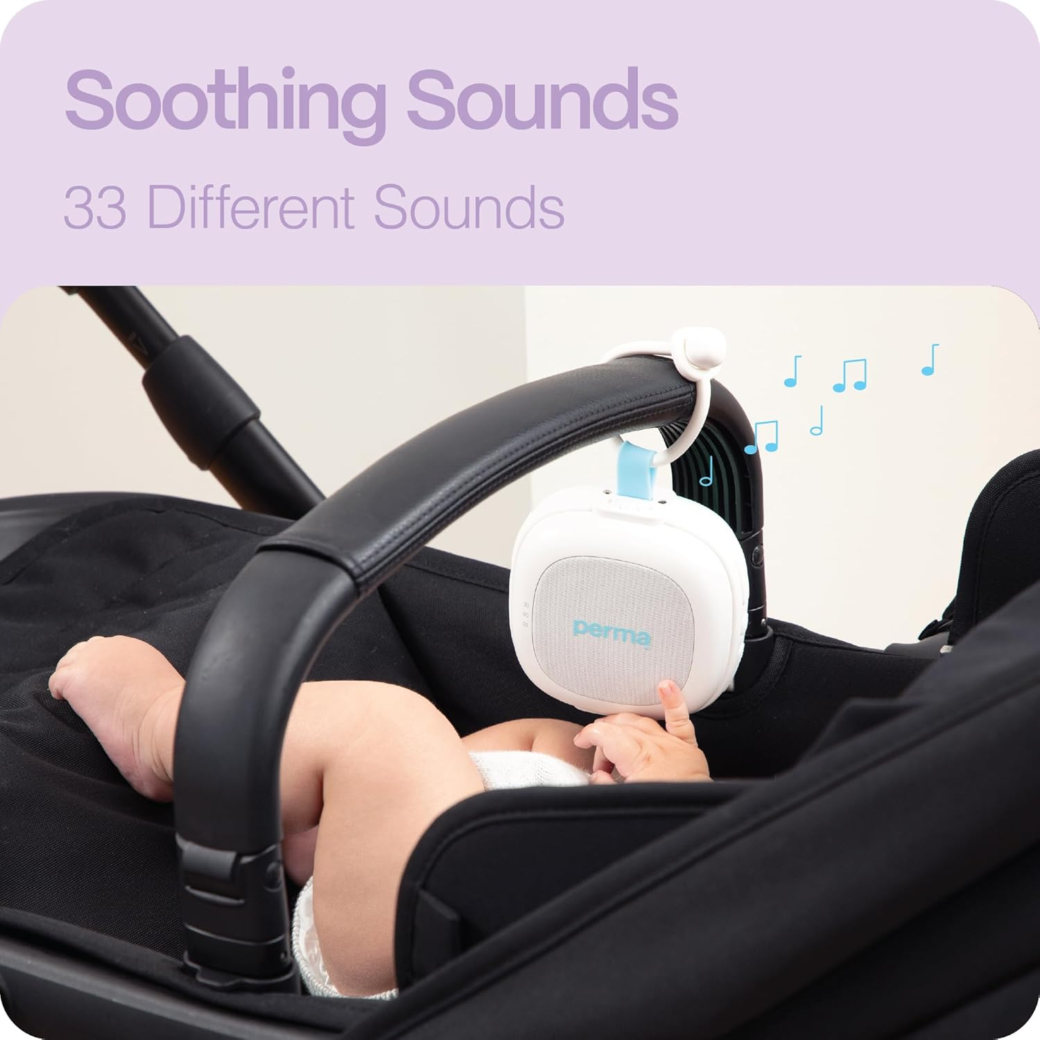 Perma Portable Sound Machine & Night Light, Multiple Soothing Sounds, Adjustable Volume, Rechargeable, Pram/Car Seat/Crib Attachment, Sound-Sensor Auto Restart, 30/60/90 Min Timer, Soft Nightlight for Feeds