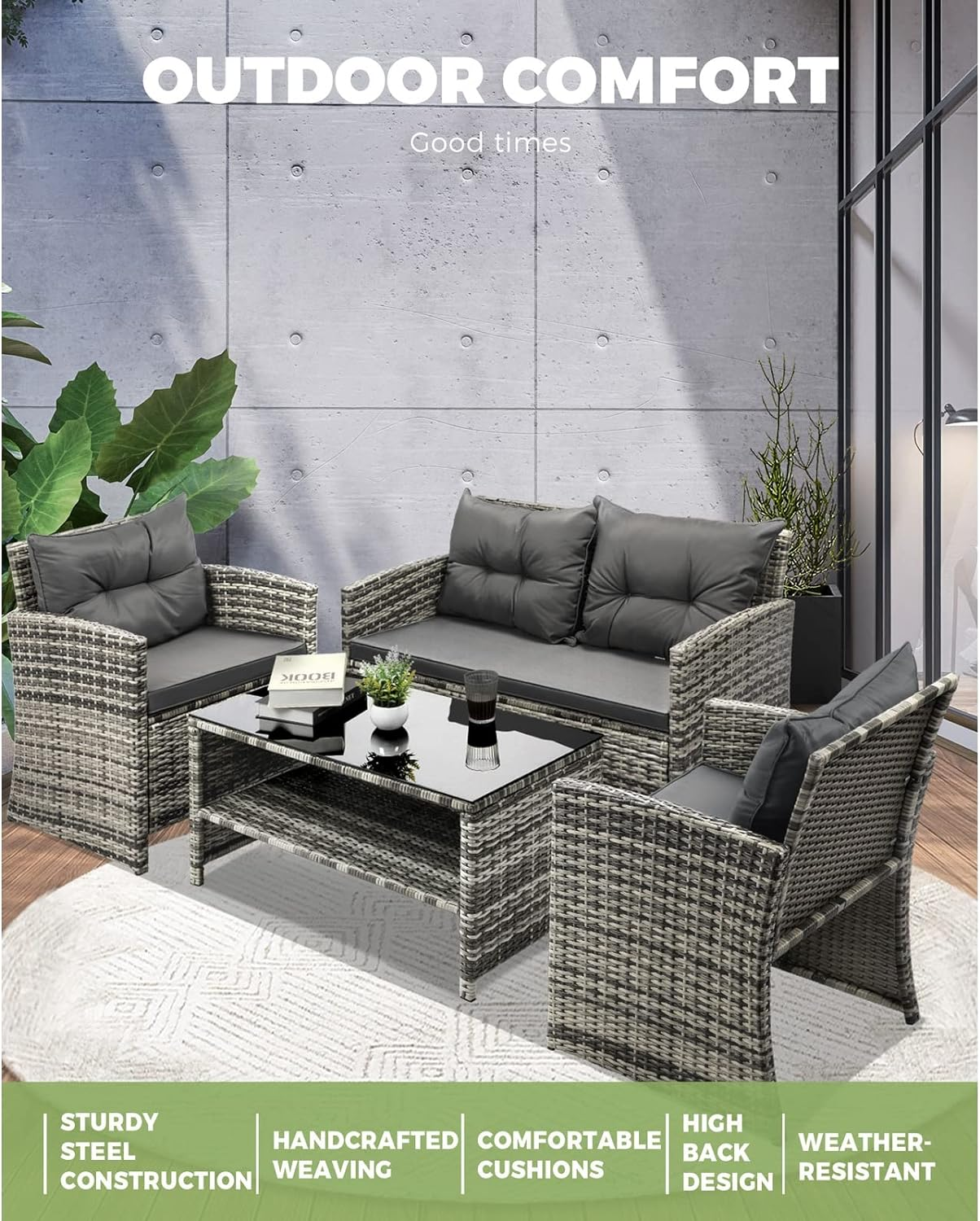 Livsip Outdoor Patio Furniture Set with Pillow and Cushion Wicker Material Table and Chairs 4Pcs Grey image number 3