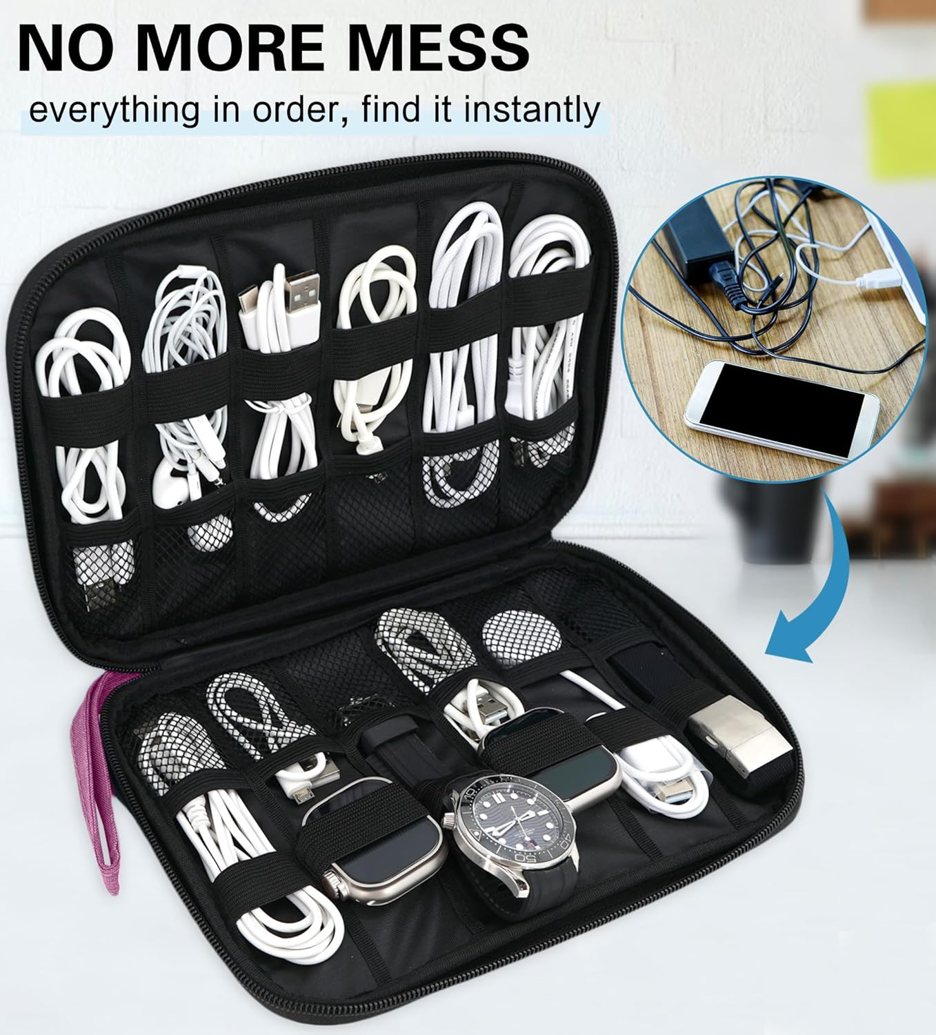 Electronics Organizer Travel Case &ndash; Portable Waterproof Tech Accessory Bag for Cables, Chargers, Watch Straps & Gadgets with Zipper, Hanging Strap & Elastic Compartments for Travel, Office, Daily Use