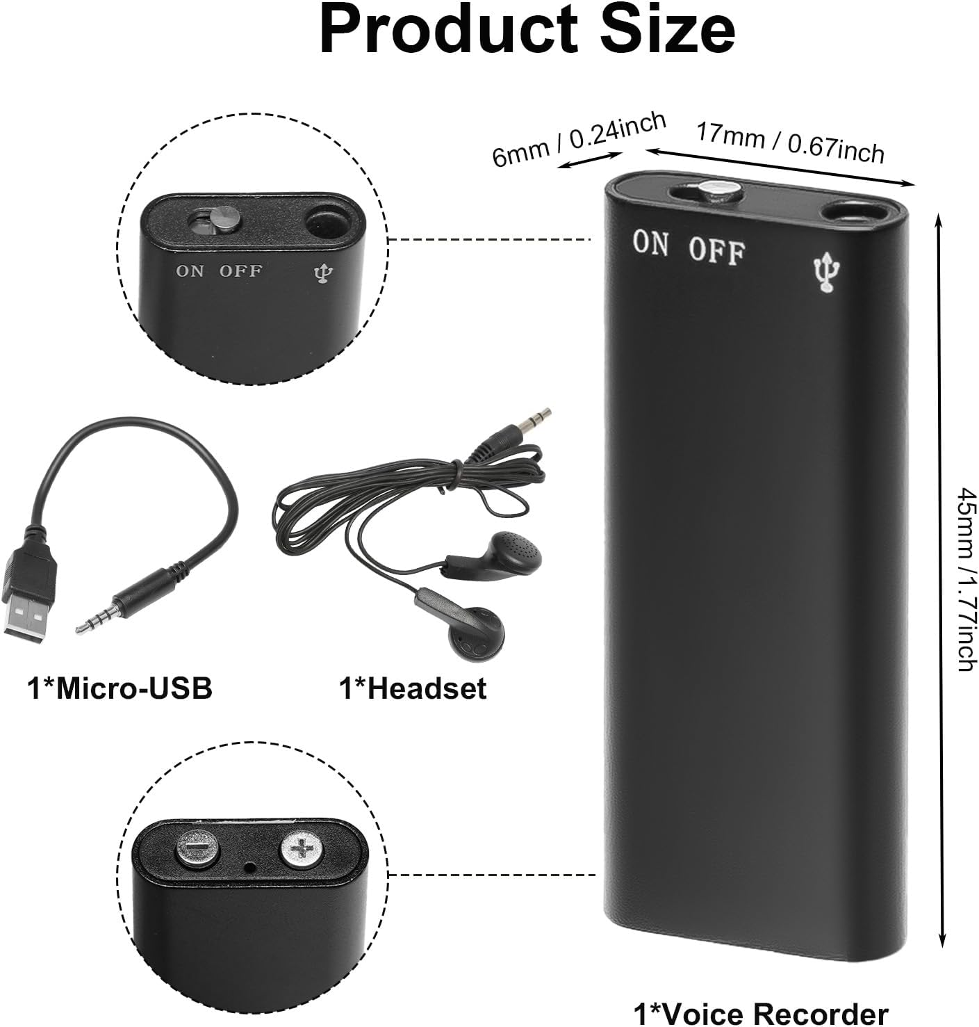 Mini Voice Recorder, Voice Recorder Spy Wireless - Listening Device Audio Sound Recording with Micro - USB Features for Equipment Wearable Audio Recording Headset 16G Black image number 1