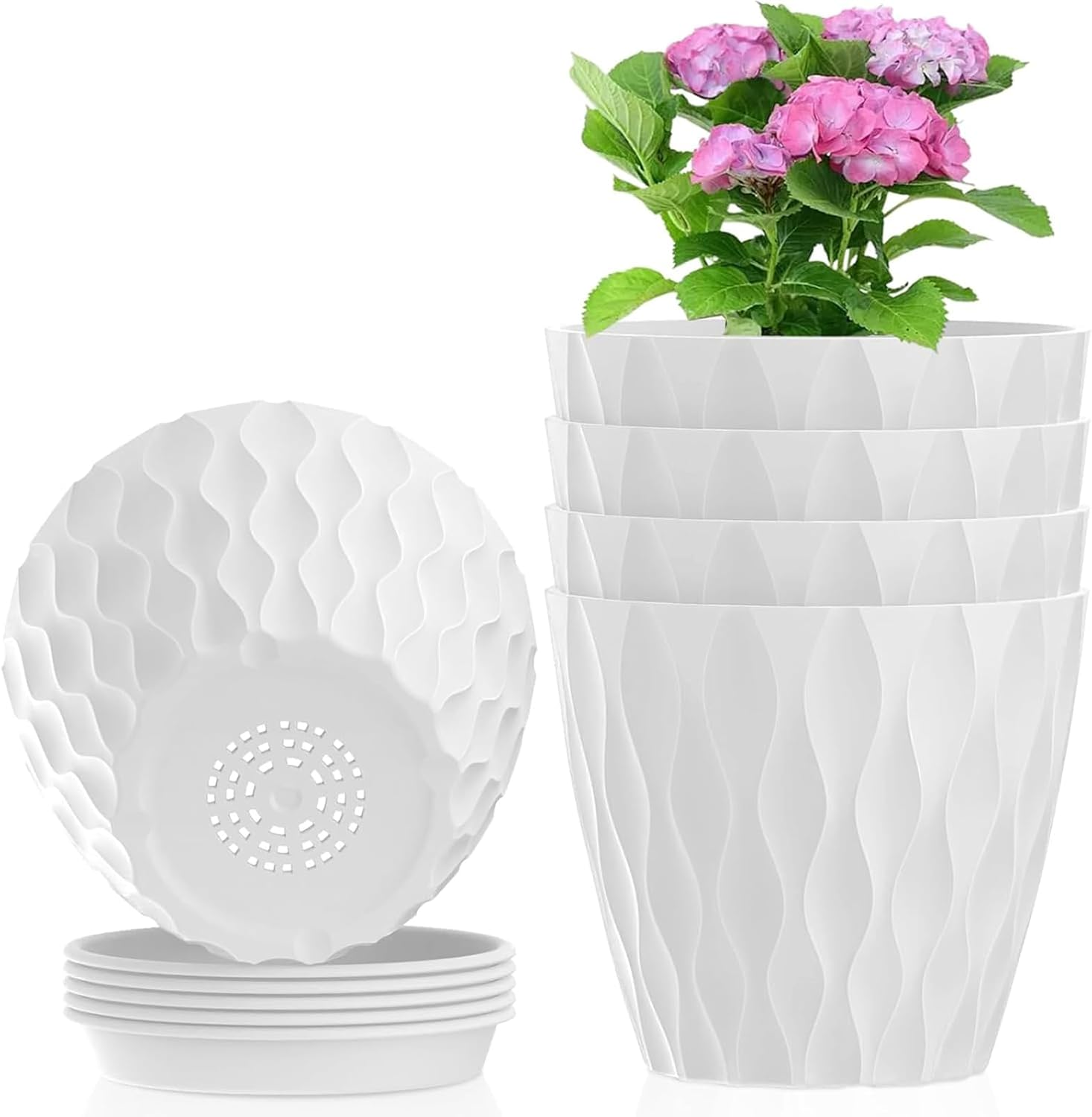 CHGEO Modern Wave Design Plant Pots - 5 Pack Self Watering Planters for Succulents & Herbs | Water Ripple Effect with Drainage Holes & Saucers, Indoor Flower Pots for African Violets, Spider Plants image number 6