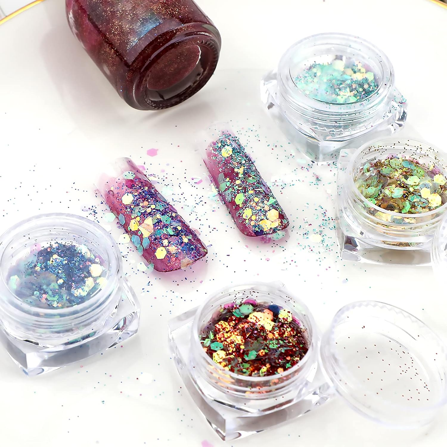 SAVITA 8 Colors Iridescent Glitter Flakes, 3D Holographic Mermaid Nail Sequins, Bling Chunky Glitter Irregular Paint for Art Craft Festival Cosmetic Body Decoration image number 1