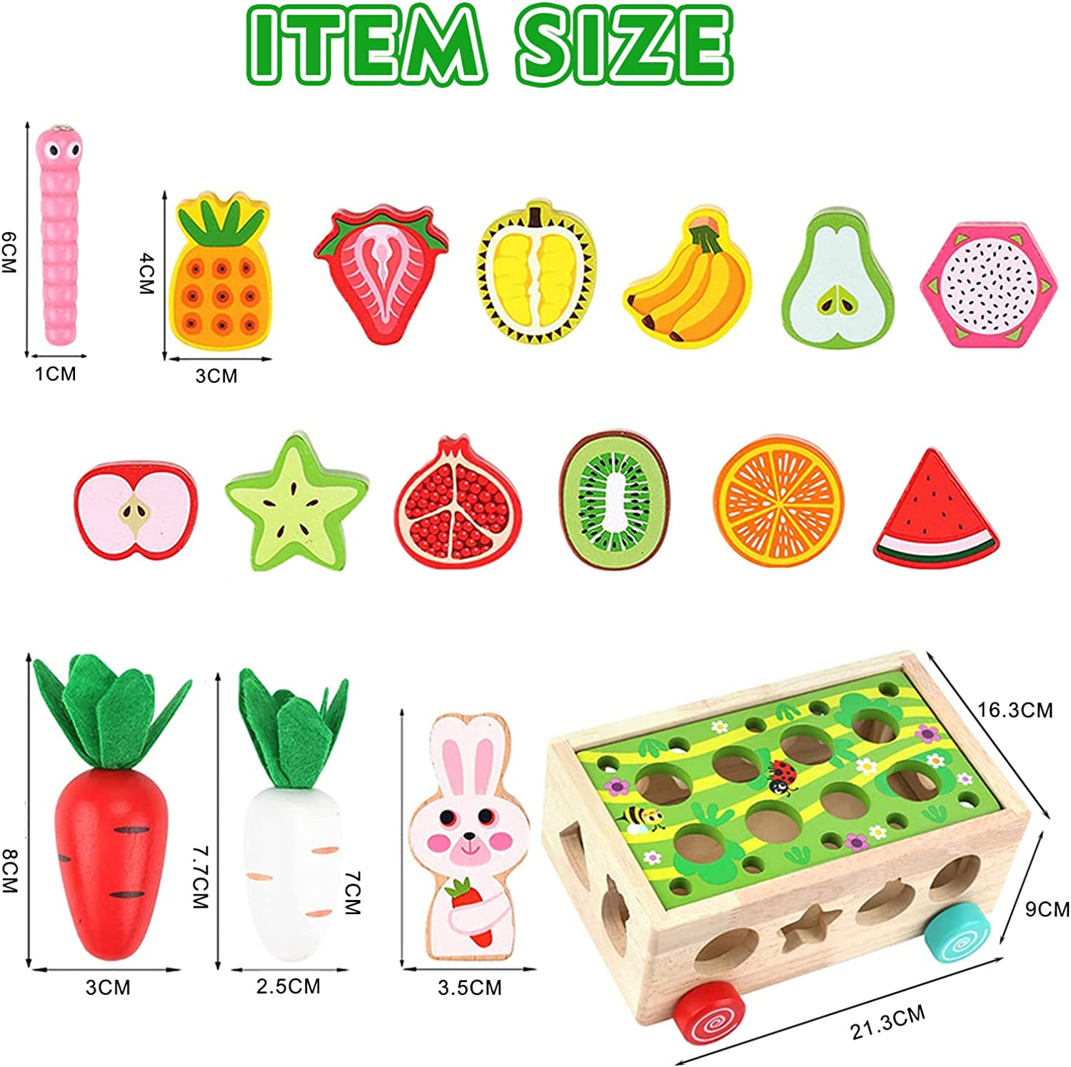 Montessori Toys for Toddler 1-3, Baby Wooden Educational Toy for 1 2 Year Old Boy Girl Gift, Farm Theme with Rabbit, 12 Fruit Blocks, 8 Carrots, 10 Worms & Shape Matching Sorting Car image number 5