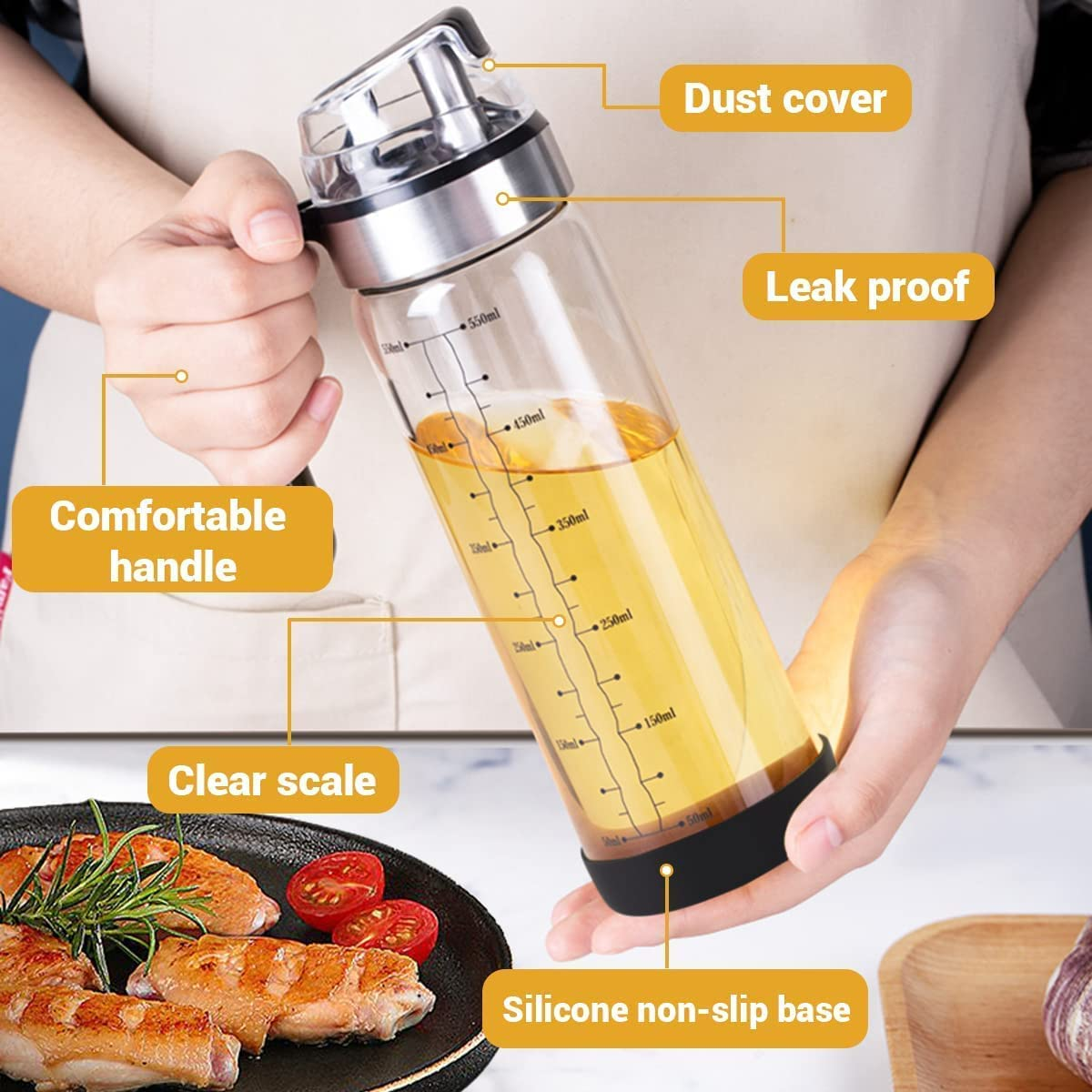 Oil Dispenser Bottle Set for Kitchen, Olive Oil Bottle Dispenser, Glass Oil Sauce Bottle Dispenser, Auto Flip, 550Ml