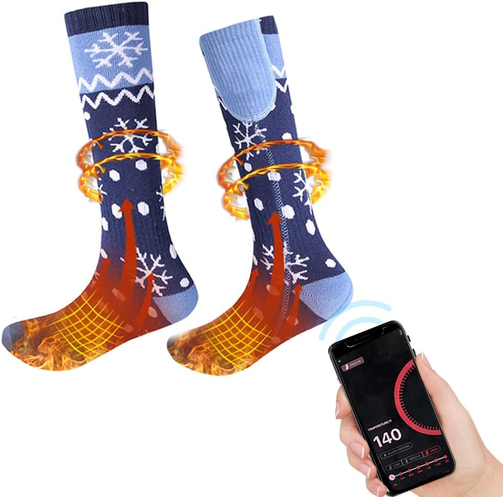 Heated Socks, 5000Mah Rechargeable Heated Socks for Men Women Washable Electric Thermal Warming Socks with Aiwei APP Remote Control for Winter Biking Skiing Outdoors Fishing Camping Cold Weather Red