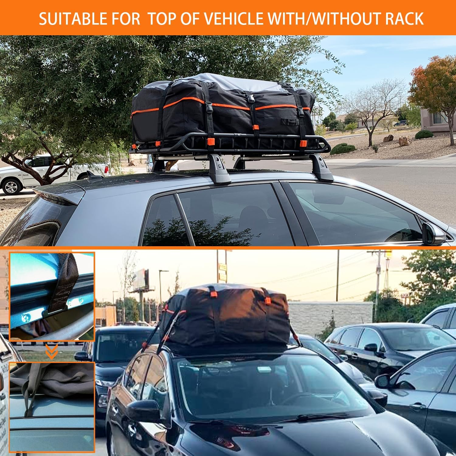 XXL 28 Cuft Car Rooftop Cargo Carrier Bag Extra Waterproof Car Roof Storage with 10 Heavy Duty Tie down Straps and 6 Hooks Roof Bag Cargo Carrier for Top of Vehicle With/Without Rack image number 5