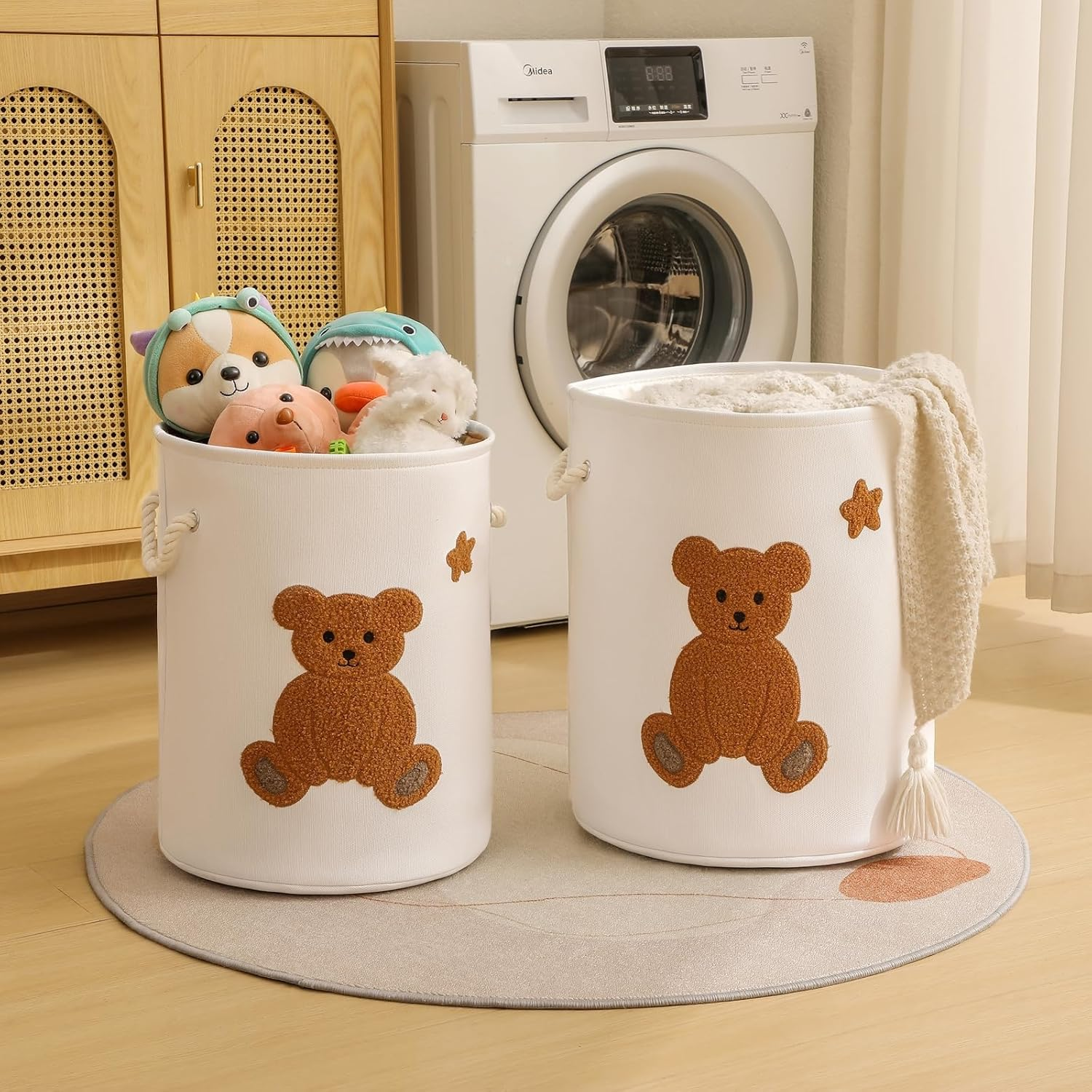 Kids Laundry Basket Nursery Hamper Baby Laundry Basket Stuffed Animal Toys Storage Baskets for Toddler Room Decor, Dirty Clothes Hampers with Drawstring Closure for Bedroom/Living Room/Nursery, Bear image number 2