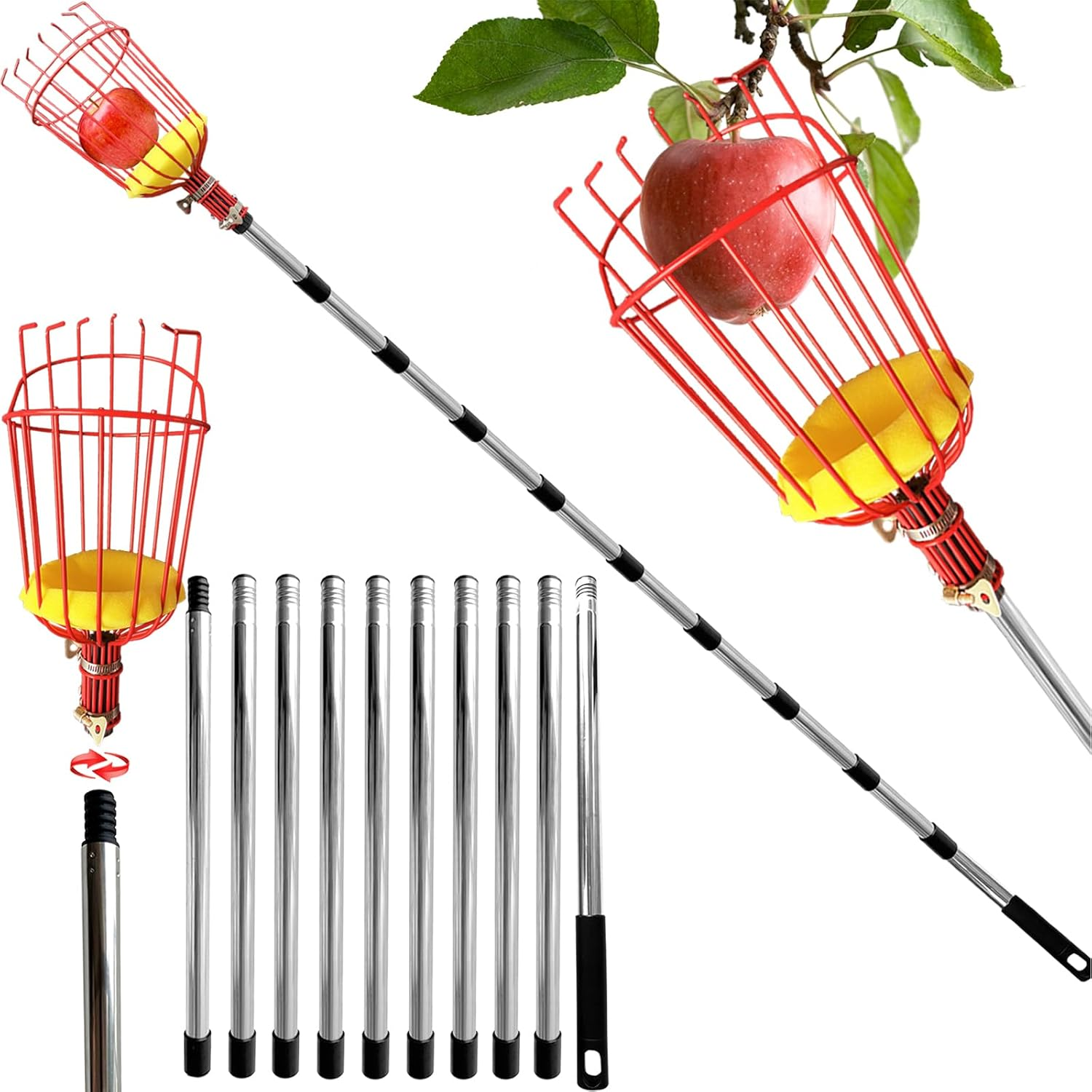 4.3M Fruit Picker, Apple Picker with Telescopic Handle, Fruit Picker Tool with Lightweight Stainless Steel Connecting Pole and Basket, Fruit Grabber Easy to Assemble, Tree Picker for Orange Lemon Etc image number 4