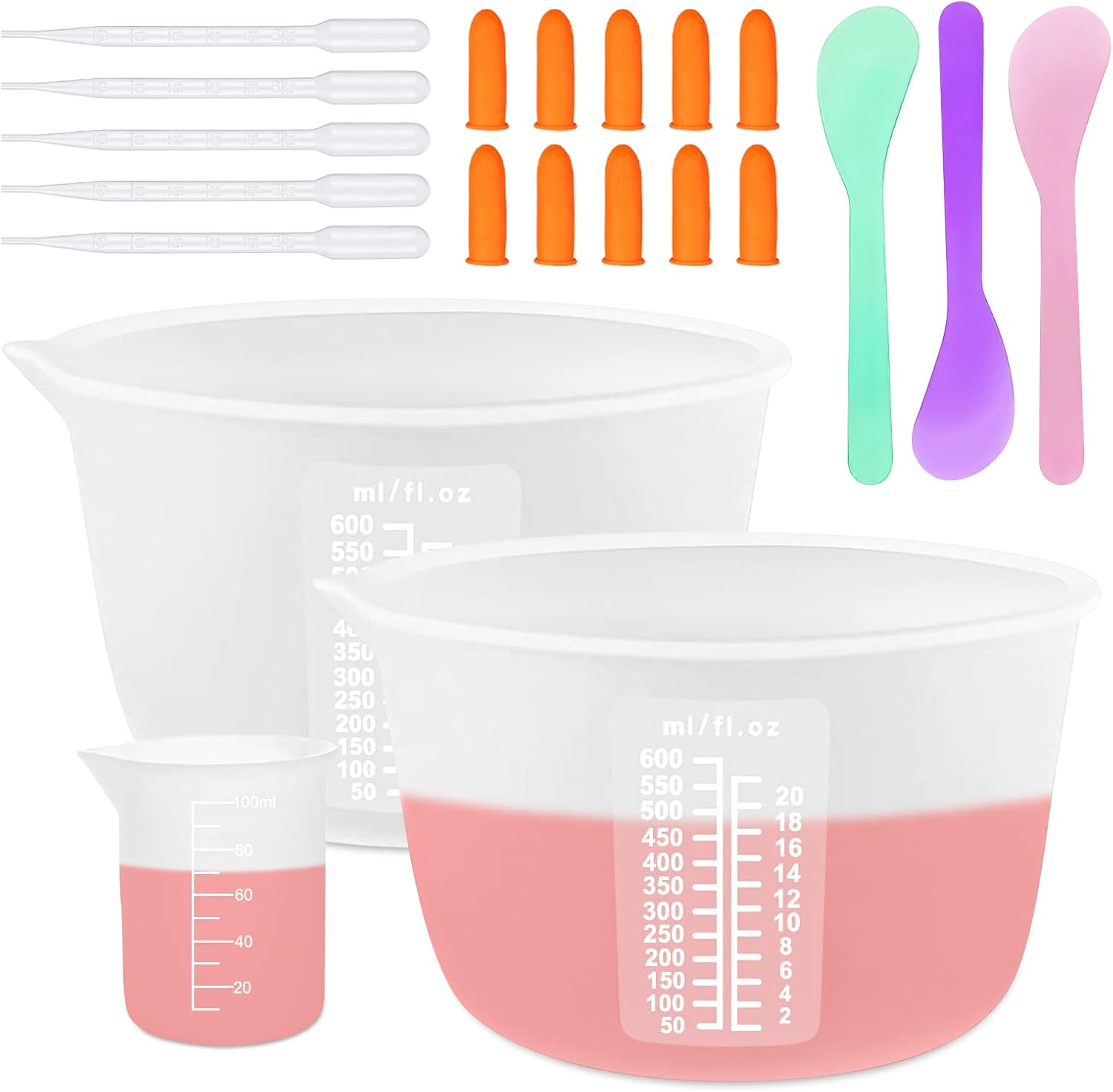Silicone Resin Measuring Cups Tool Kit, Non-Stick Large Silicone Bowls for Epoxy Resin, Reusable 600&100Ml Silicone Mixing Cup with Stir Sticks, Pipettes, Epoxy Resin Supplies, Molds, Jewelry Making