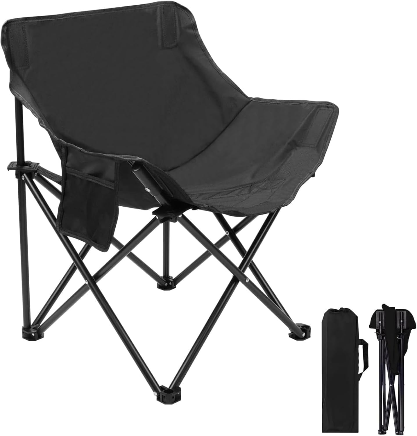 Camping Chair, Portable Folding Outdoor Chairs for Adult with Carry Bag and Side Pockets, Lightweight Folding Moon round Chair and Lawn Chairs for outside Fishing, Hiking, BBQ, Travel, Beach (Black)