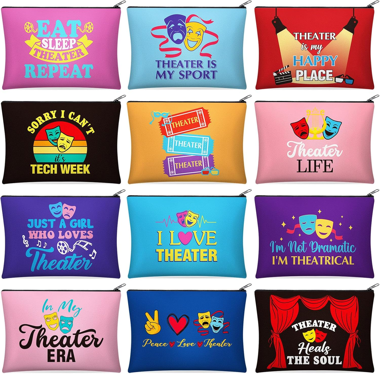 Reginary 12 Pcs Theater Makeup Bag Musical Drama Broadway Gifts Cosmetic Bag Comedy Tragedy Mask for Women Theater Lovers Actress Birthday Graduation Travel Zipper Pouch, Multicolor, Theater