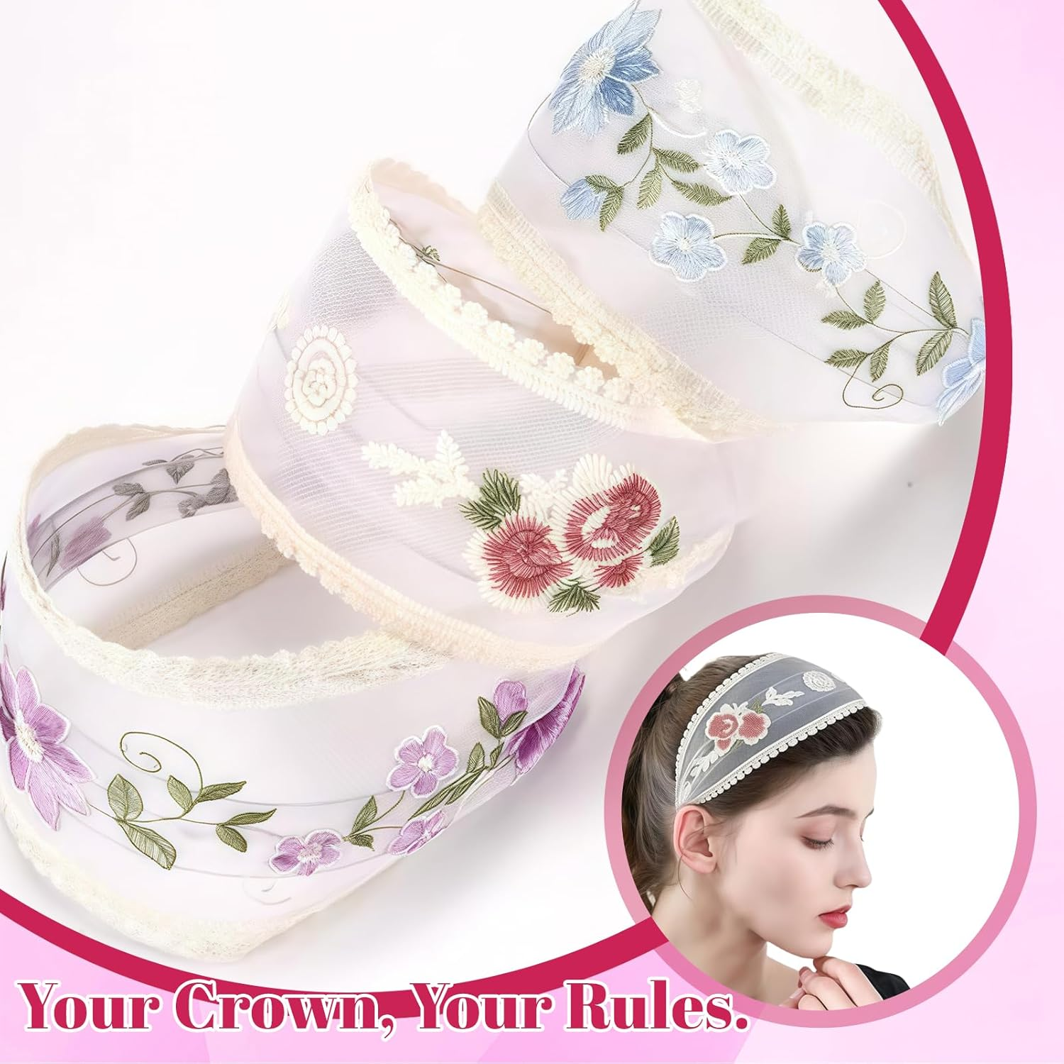 Pack of 3 Women'S Wide Hair Bands, 9 Cm, Floral Embroidery Mesh Hairband, Comfortable Non-Slip Hair Bands with Comb Teeth for Women and Girls, Hair Accessories (9 Cm Style B, One Size) image number 2