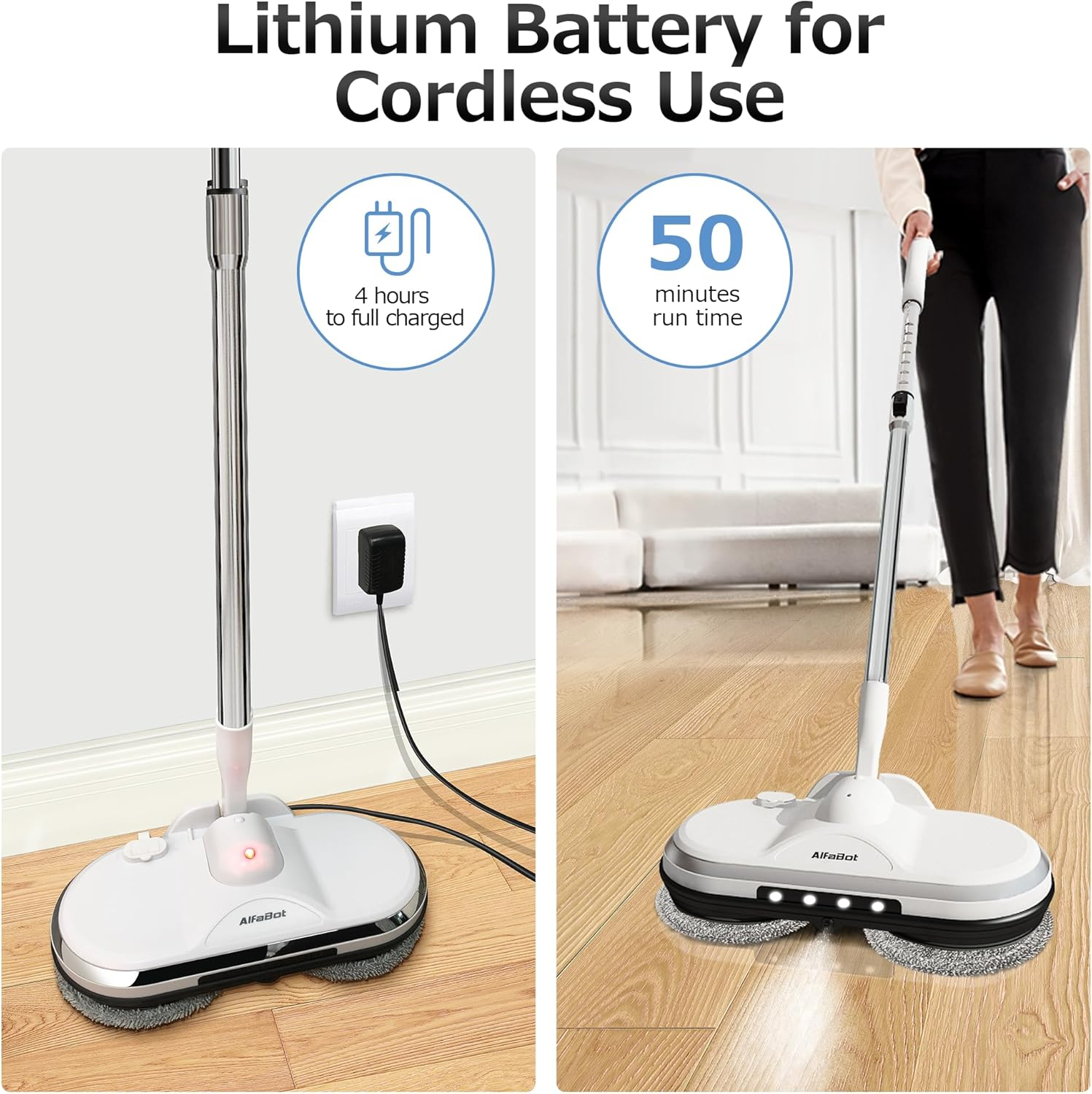 Alfabot WS-24 Cordless Electric Mop, Electric Spin Mop for Floor Cleaning, with Lightweight & Rechargeable Floor Cleaner with Water Sprayer and LED Headlight for Hardwood and Tile Floors, White image number 4
