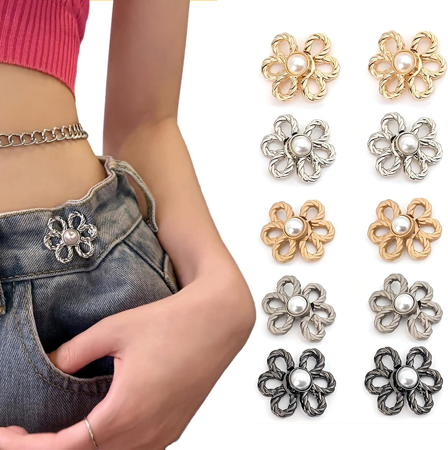 Flower Jeans Button 10 Sets Pant Waist Tightener, Adjustable Waist Buckle Sets No Sew and No Tools Detachable Decorative Waist Buckles, Jean Buttons Pins for Loose Jeans, Pants, Skirts (No Sew) image number 5