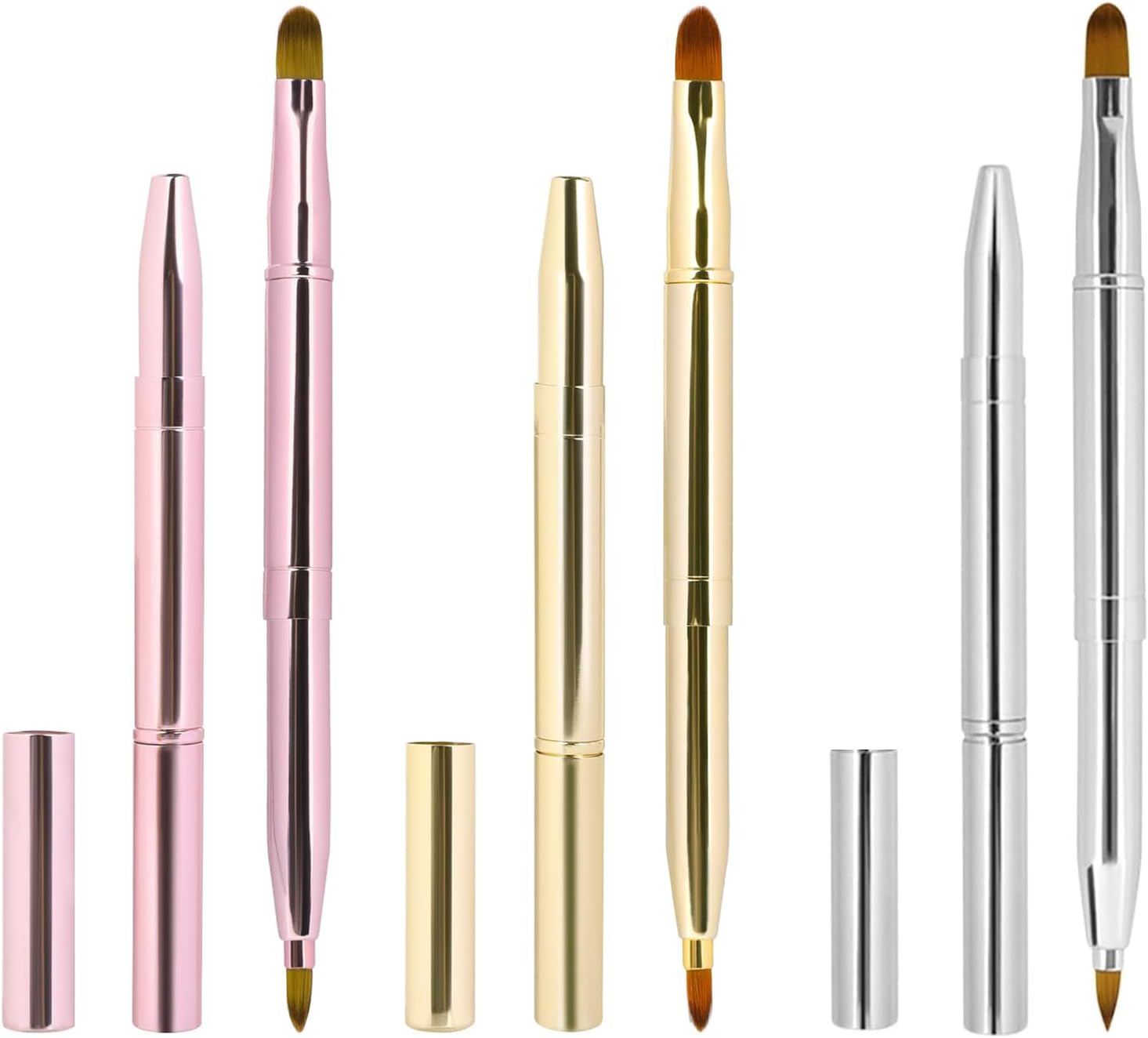 3 Pack Retractable Double-Ended Lip Brush, Lipstick Liner Brush, Lip Gloss Applicator, Soft Synthetic Bristles, Gold, Silver, Rose Gold image number 4