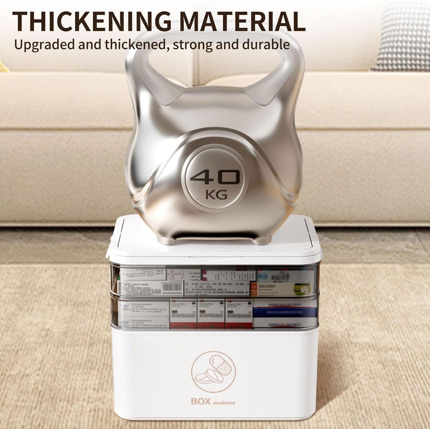 Medicine Storage Box 3-Tier Portable PP First Aid Storage Box with Sealing Buckle & Dual Trays Partitioned Medicine Box Organizer Storage for Family, Office and Travel, White image number 1