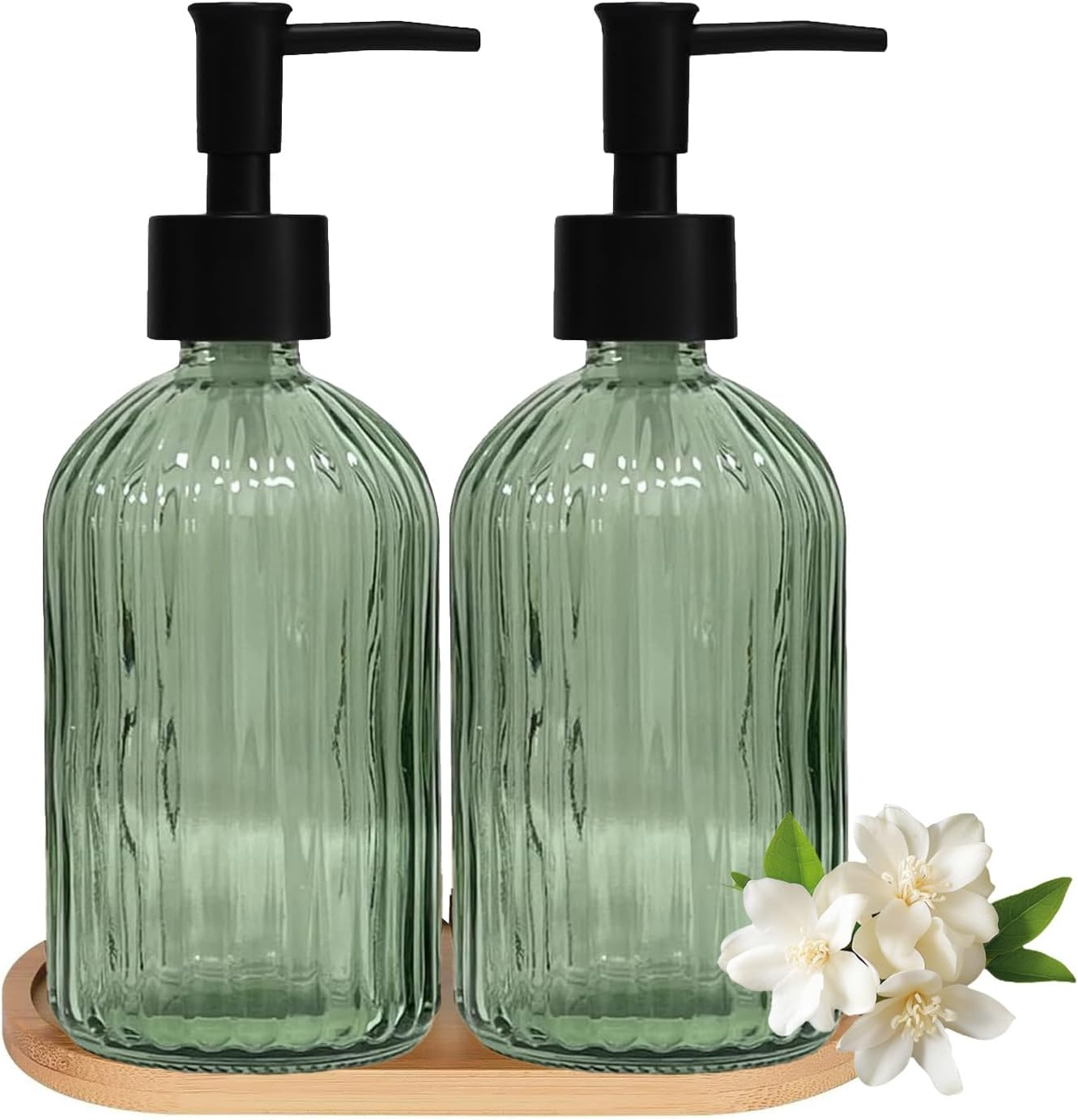 Glass Hand and Dish Soap Dispenser Set of 2 with Plastic Pumps, Bamboo Tray, 12Oz Green Bathroom Soap Dispenser with Diamond for Hand Wash & Dish Wash, Ideal for Bathroom Kitchen Countertop