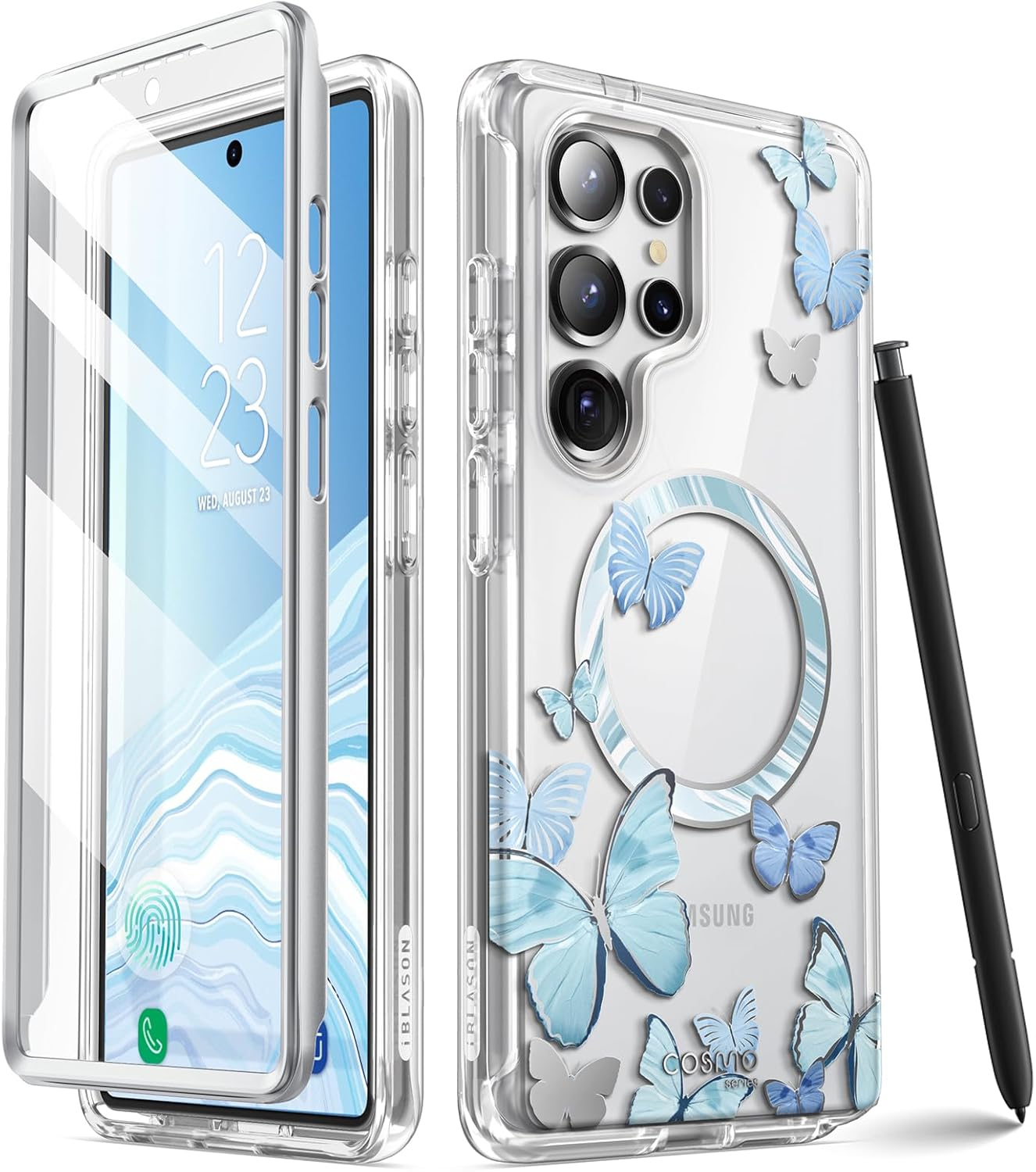 -Blason Cosmo for Samsung Galaxy S25 Ultra Case Magsafe with Built-In Screen Protector [Support Fingerprint ID & Wireless Charger] Full-Body Slim Style Magnetic Phone Case for S25 Ultra, Bluefly