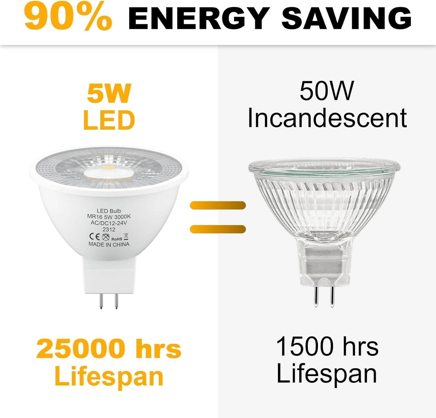 MR16 LED Bulbs Warm White 3000K, AC/DC 12V/24V GU5.3 LED Spotlight Bulbs, 5W 470LM Light Bulb Equivalent 50W MR16 Halogen Bulb, Non-Dimmable, 38&deg; Beam Angle, for Landscape, Track Lighting, 6 Pack