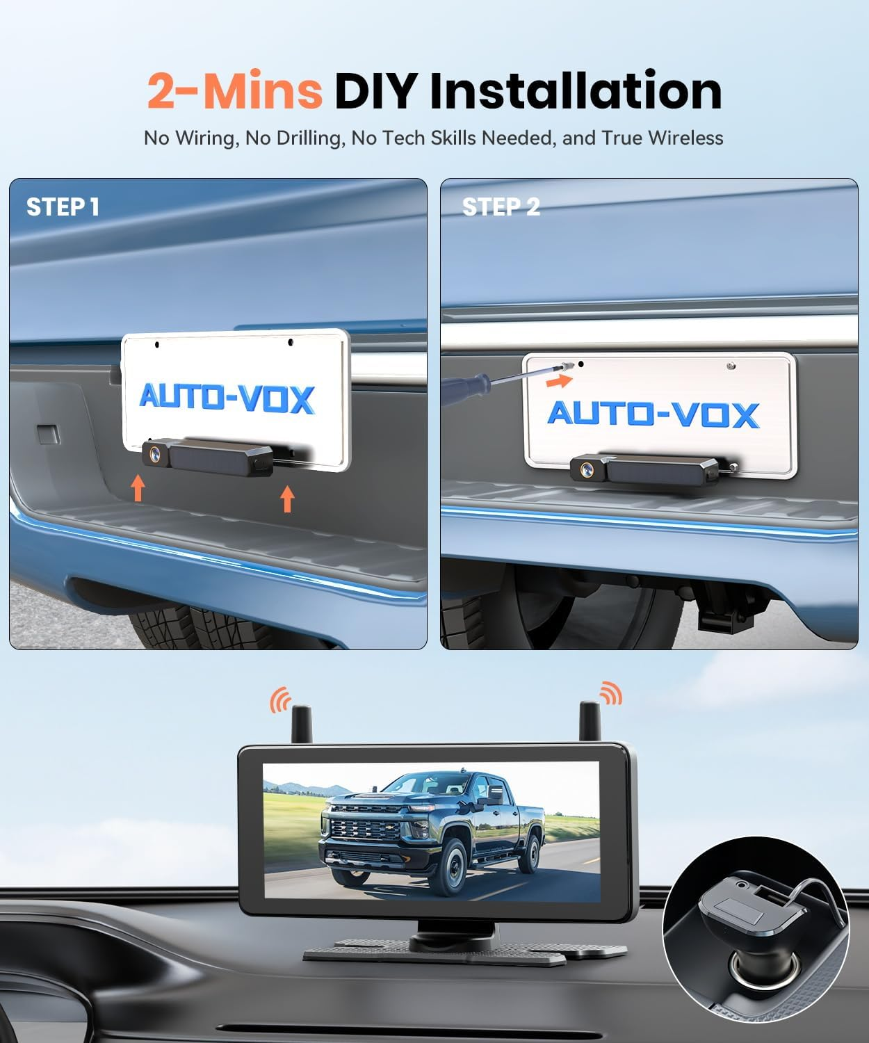 AUTO-VOX 2 Solar Wireless Backup Camera System with Two Cameras (License Plate & Portable): 7.2&rdquo; 1080P HD Dual Channel Monitor, IP69K Waterproof Back up Camera for Truck,Rv,Camper,Horse/Boat Trailer image number 1