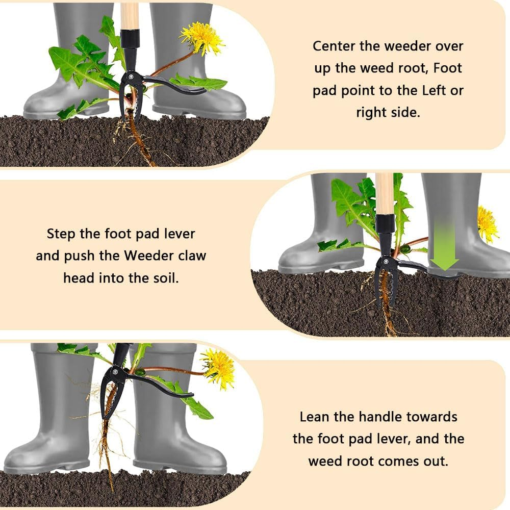 HYAVIA Weed Puller Tool, Stand up Heavy Duty Weed Remover Tool with Long Handle, 4 Claw Steel Head Weeder Tool, Bamboo Garden Hand Weeding Tool, Smoothly Remove Weeds without Kneeling image number 3