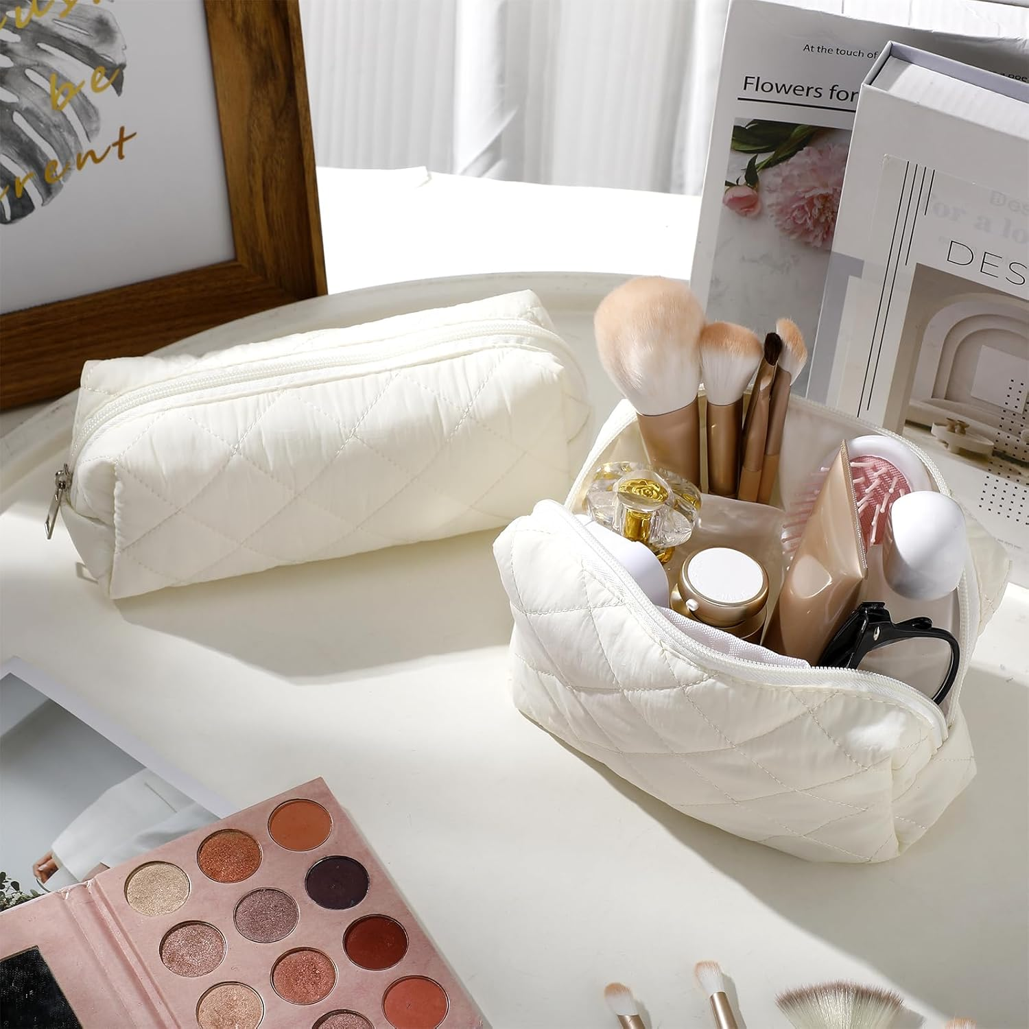 Siltriangle 2 Pcs Valentines Puffy Makeup Bag Quilted Cosmetic Pouch for Women Cute Puffer Makeup Organizer Compact Toiletry Bags Preppy Pencil Case with Zipper Winter Gift for Women Girlfriend, Beige - Black image number 7