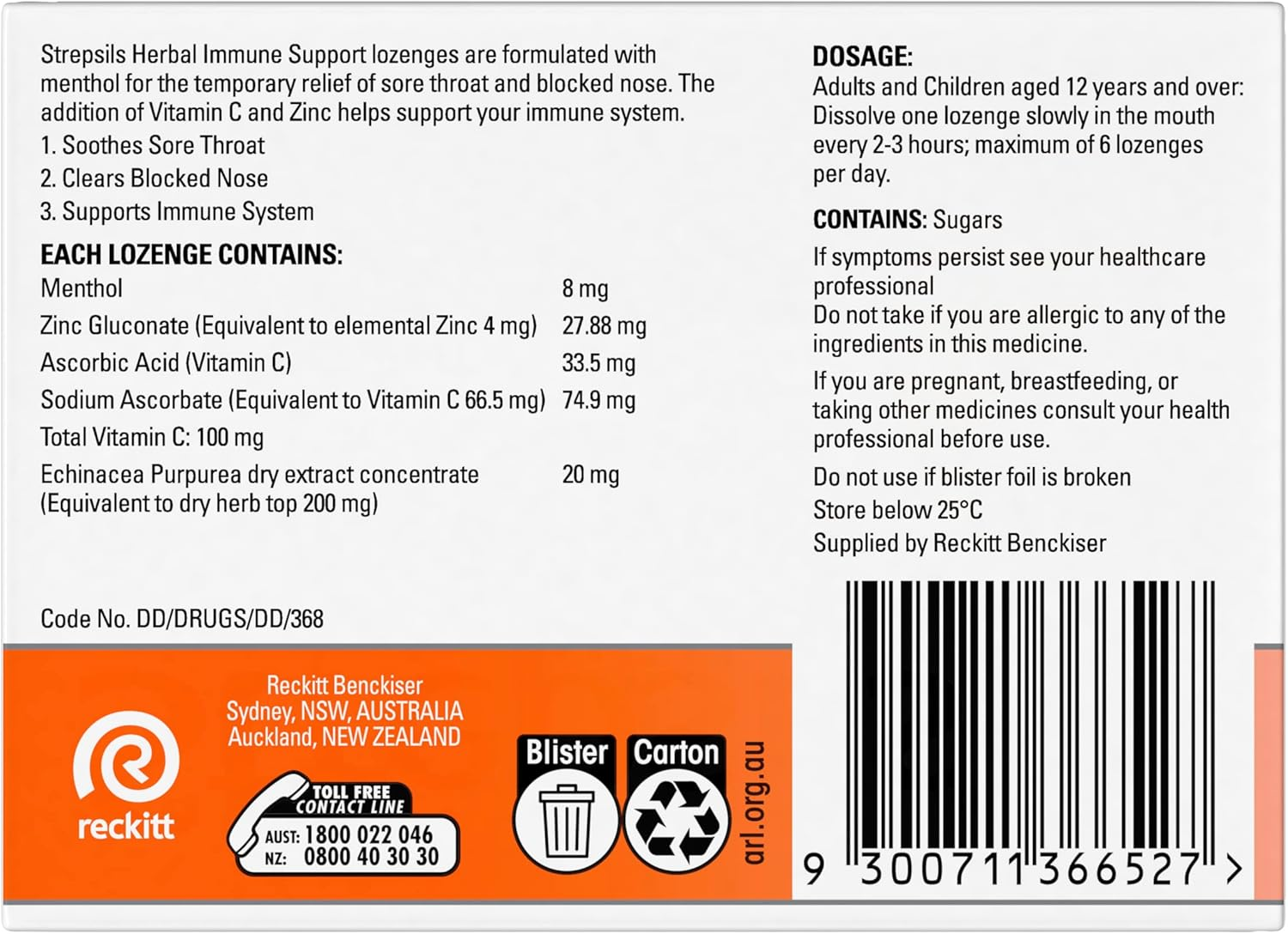 Strepsils Herbal Immune Support Lozenges, Honey Lemon, 16 Pack image number 1