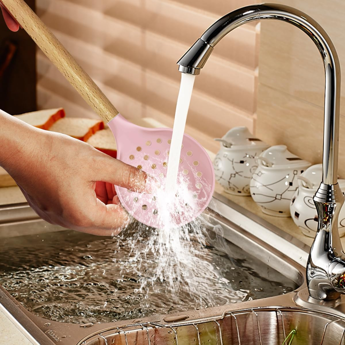 Silicone Kitchen Utensils Set - 446&deg;F Heat Resistant Cooking Utensil Sets, Spatula,Turner,Tongs,Spoon,Brush,Whisk, Wooden Handle Silicone Kitchen Gadgets Tools for Non-Stick Cookware BPA Free (Pink) - Colorful image number 3