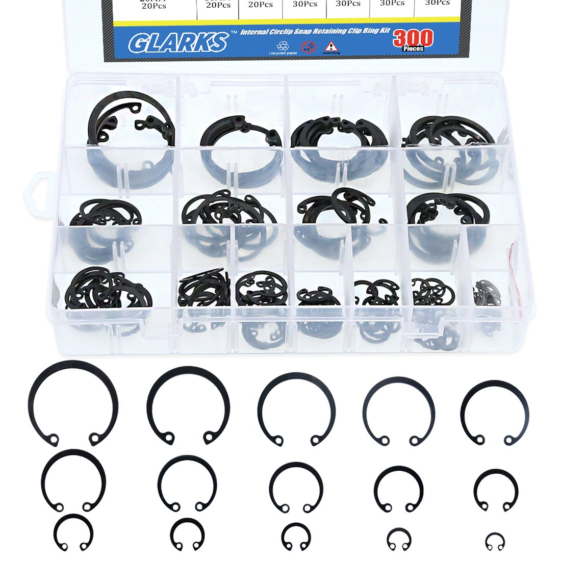 Glarks 300Pcs 15 Size Metric Internal Circlips Snap Retaining Ring Assortment Kit, Black Alloy Steel image number 3