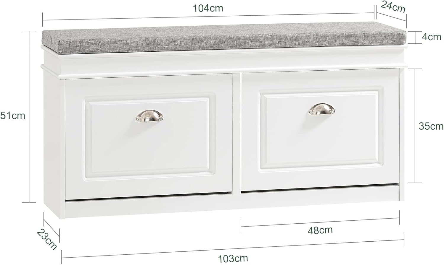 Sobuy Hallway Shoe Bench Storage Cabinet with Seat Cushion and 2 Flip-Drawers Narrow Shoe Rack Bench with Adjustable Shelves White W104 X D24 X H51Cm FSR64-W image number 1