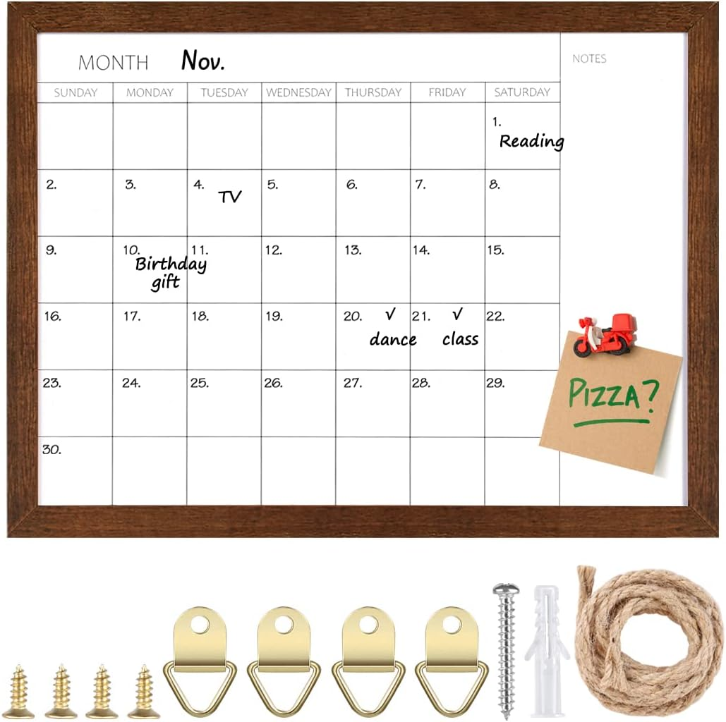 TORASO Dry Erase Monthly Calendar Board, Magnetic Whiteboard for Wall, Office/School/Home, Wood Frame Hanging Board for Kitchen Grocery List/Drawing/Memo, 10.5"X 14.5"(YL-RB-2737-B)