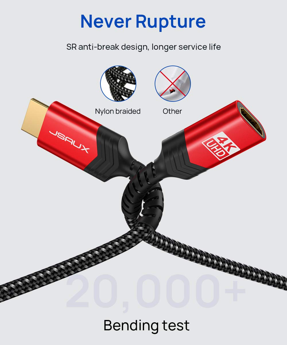 JSAUX HDMI Extension Cable 1M, 4K 60Hz High Speed HDMI Extender Cord Male to Female Adapter Connector (HDR HDCP 2.2), Compatible with Roku TV Streaming Stick, Bluray Player, HDTV, Laptop, PC - Red image number 5