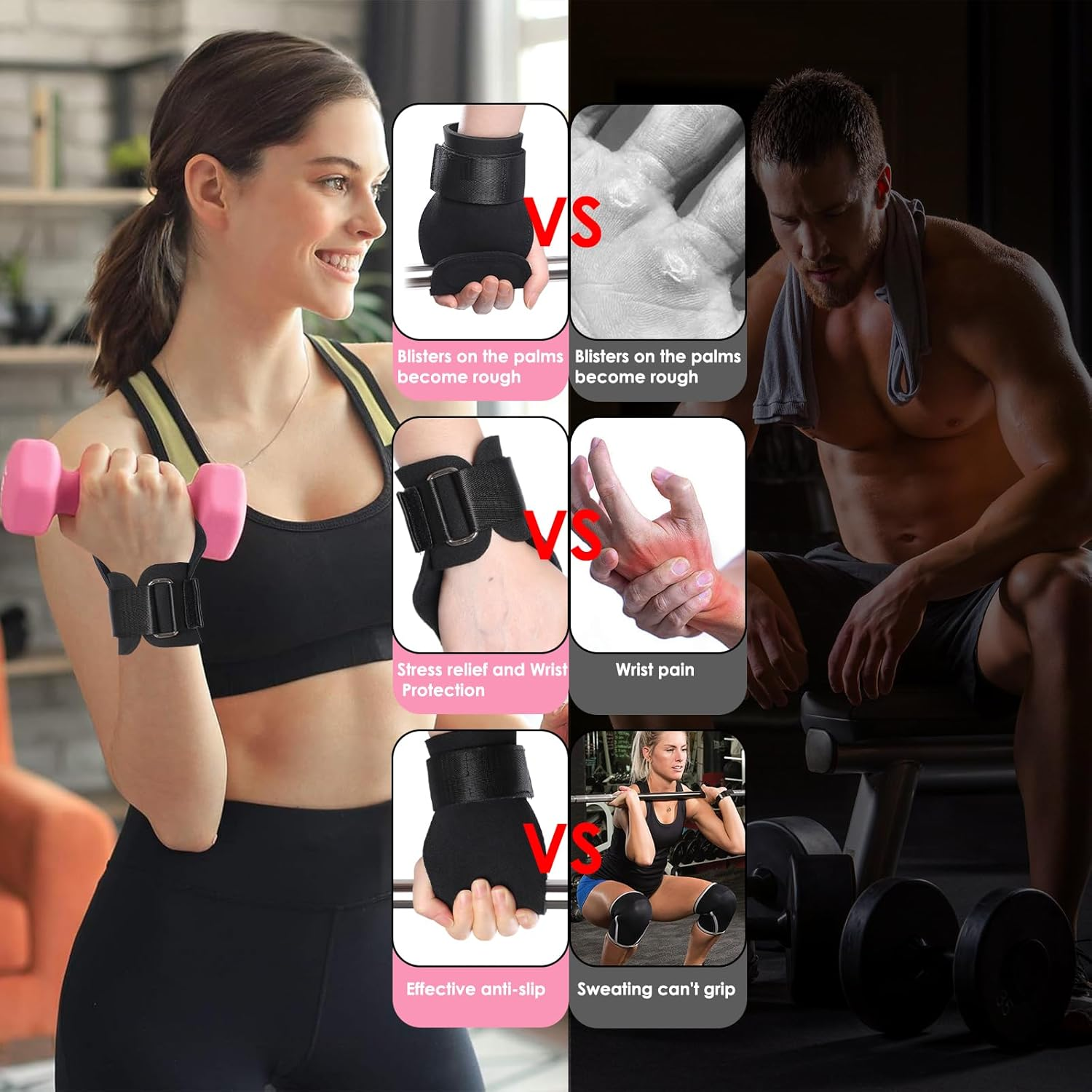 Simpeak Weight Lifting Wrist Strap Gymnastics Hand Grips, Double Leather Weight Lifting Gloves Women Men, Wrist Support Palm Hand Protection for Weightlifting, Cross Training, Pull Ups, Pair Black image number 4