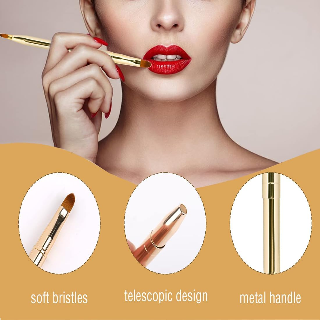 3 Pack Retractable Double-Ended Lip Brush, Lipstick Liner Brush, Lip Gloss Applicator, Soft Synthetic Bristles, Gold, Silver, Rose Gold image number 2