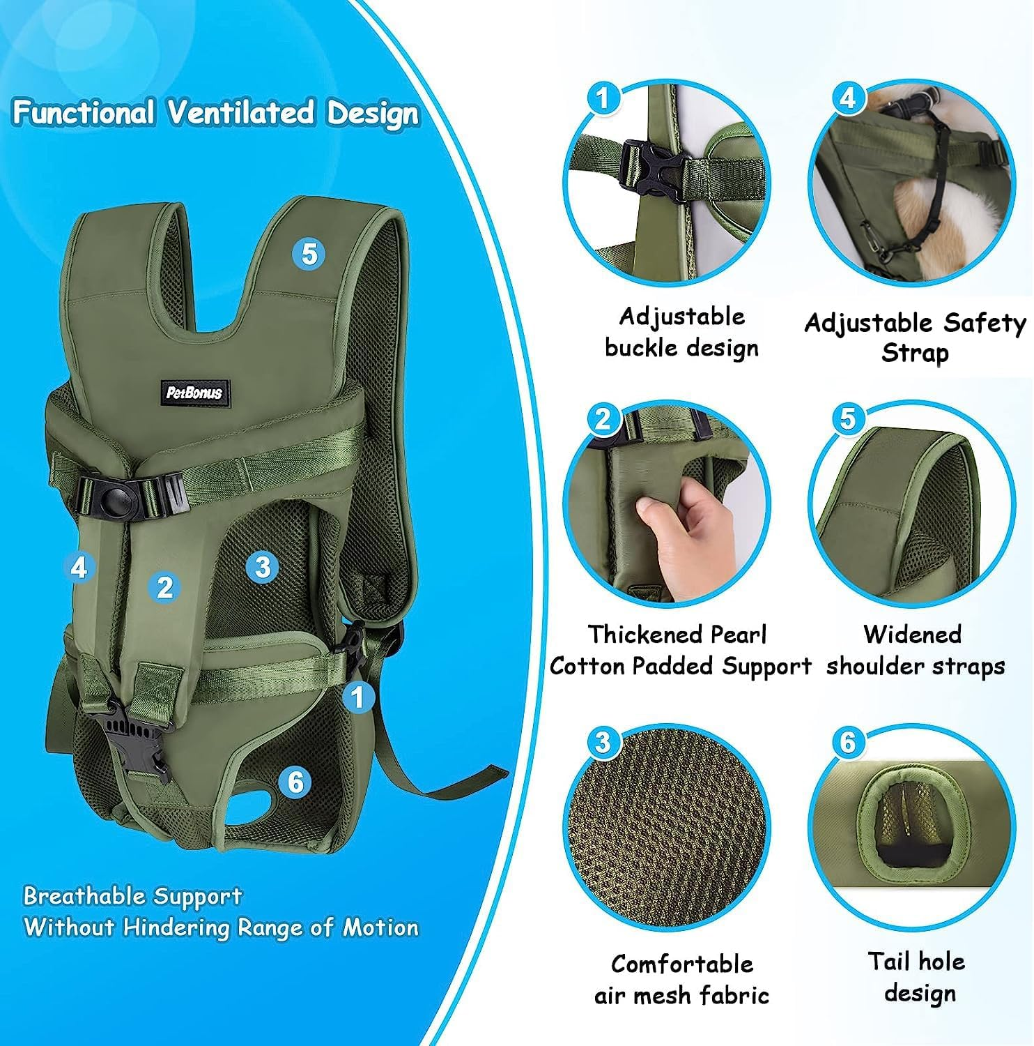Petbonus Pet Front Dog Carrier Backpacks, Adjustable Pet Backpack, Legs Out Easy-Fit Puppy Chest Carrier for Medium Small Dogs, Hands Free for Hiking, Cycling (Army Green, S) image number 2