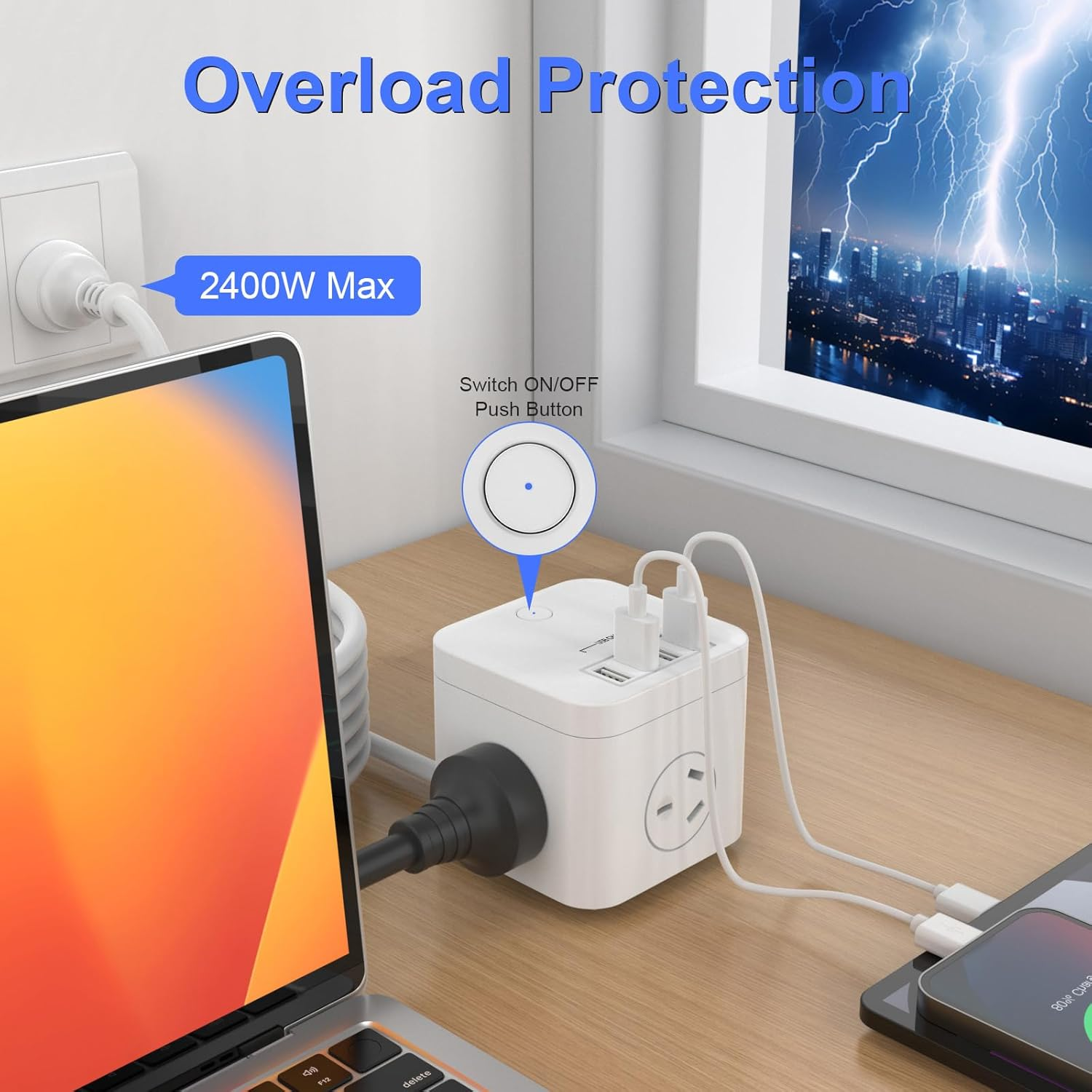 HITRENDS Power Strip with USB, Cube Charging Station,Outlet Extender with 3 AC Outlets, 4 USB-A Power Strip Surge Protector, 1.8M Power Cord, USB Power Board for Household Appliance image number 3