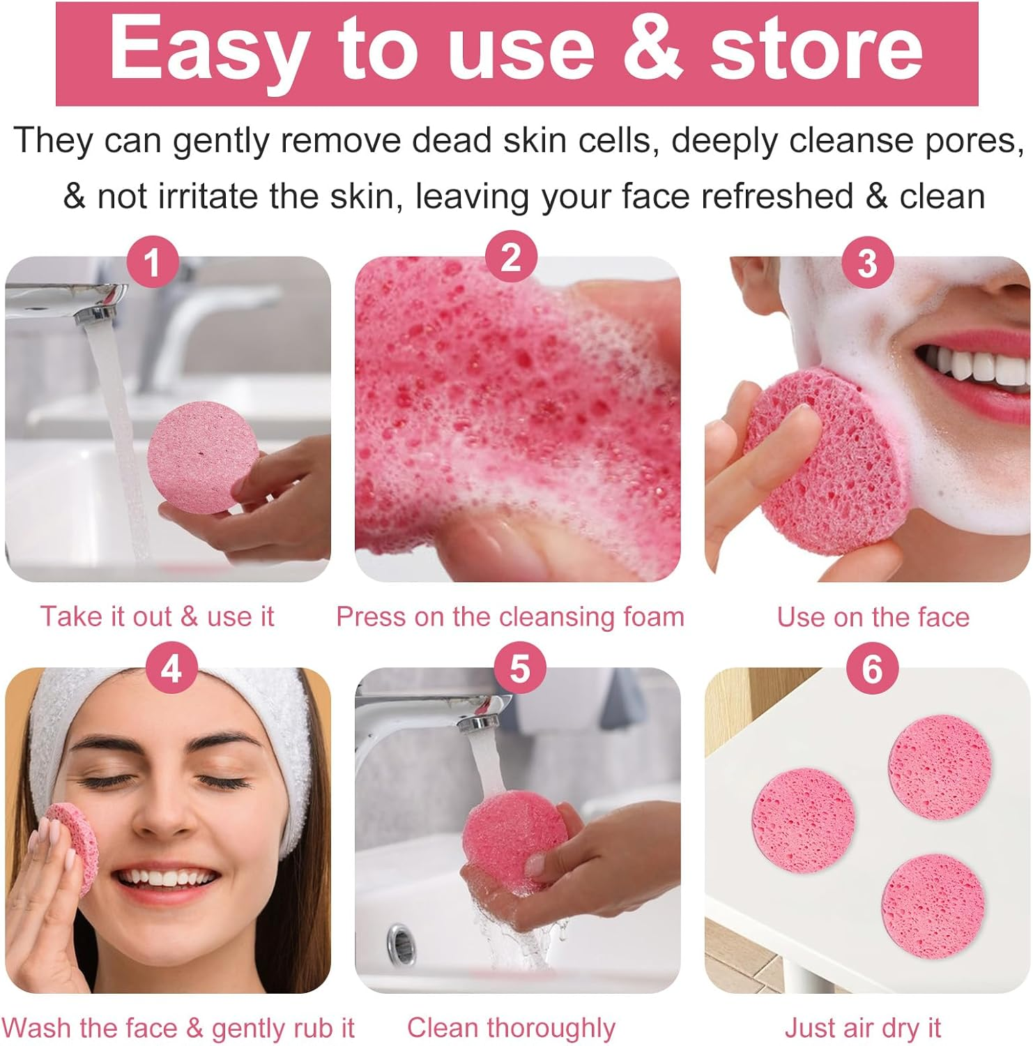 Pack of 60 Compressed Face Sponges, Reusable Makeup Remover Pads, Make-Up Sponge, Cellulose Face Sponges, for Removing Make-Up, Cleansing and Exfoliating the Face