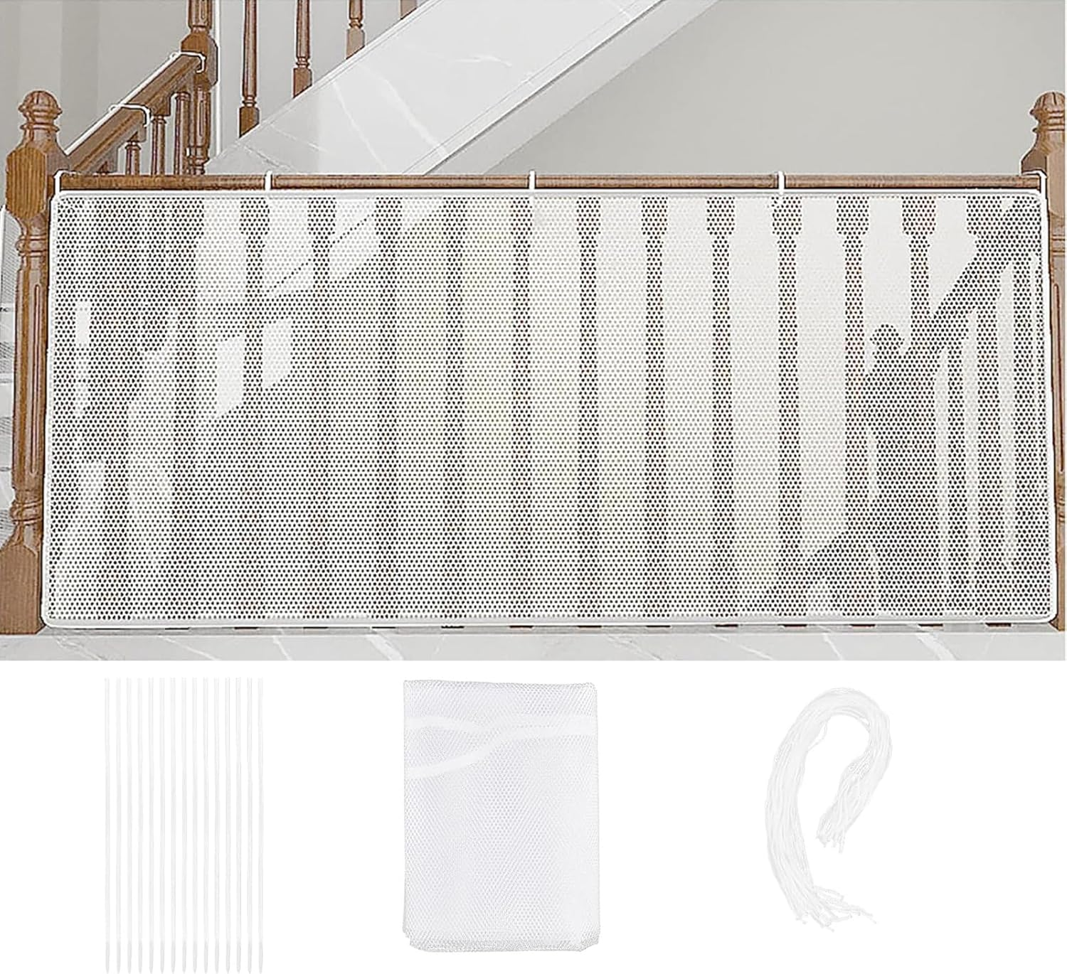 Stair Guardrail Safety Net, 9.8Ft Anti-Fall Mesh Fence for Kids & Pets, Heavy-Duty Nylon Balcony Barrier, Indoor/Outdoor Use, Easy Install with Zip Ties (White) image number 5