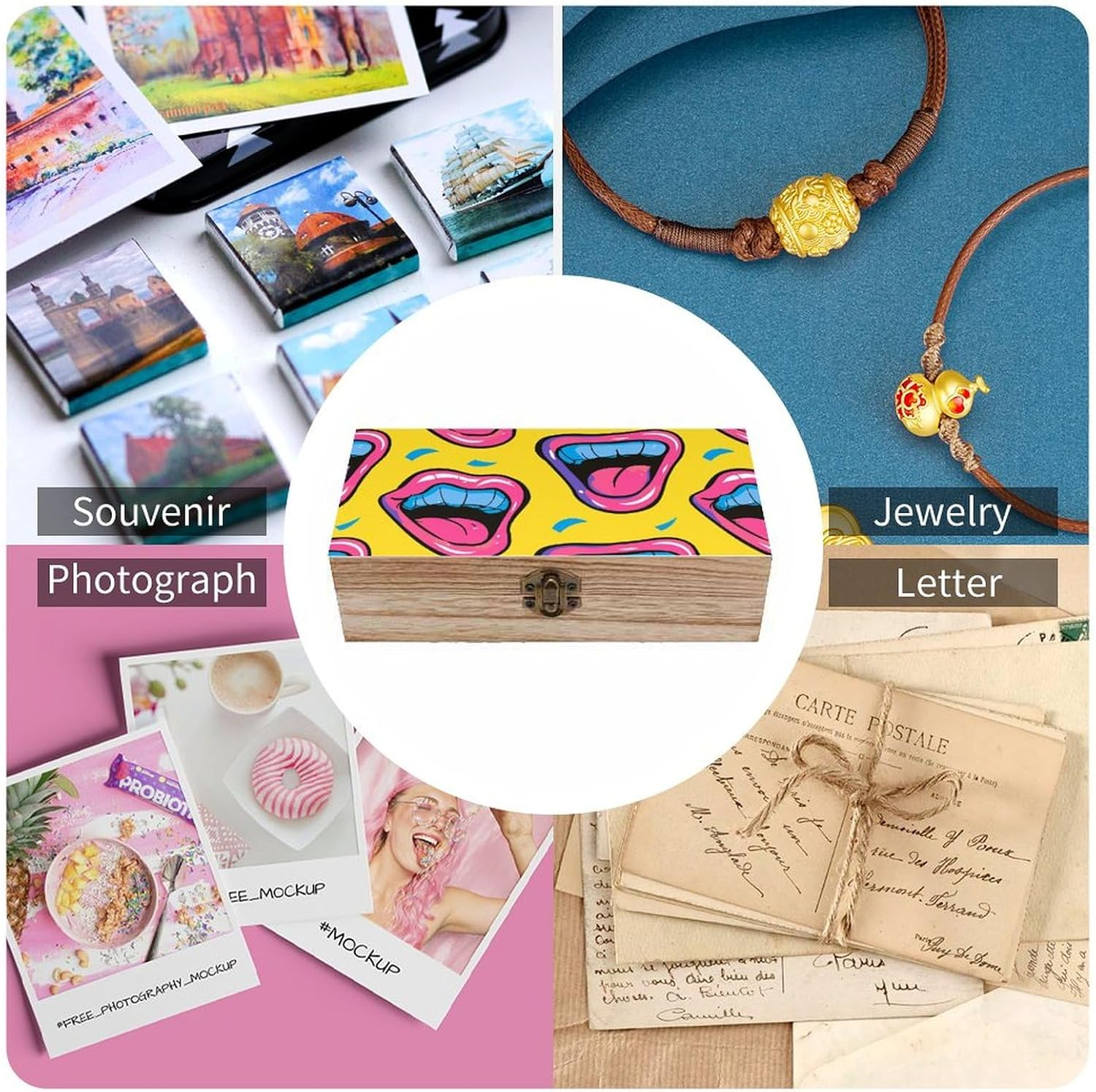 Cartoon Smile Wooden Box Wood Wedding Keepsake Boxes with Lids Small Decorative Boxes Lightweight Wooden Memory Storage Box for Crafts Keepsakes Jewelry Photo Letter Storage image number 3