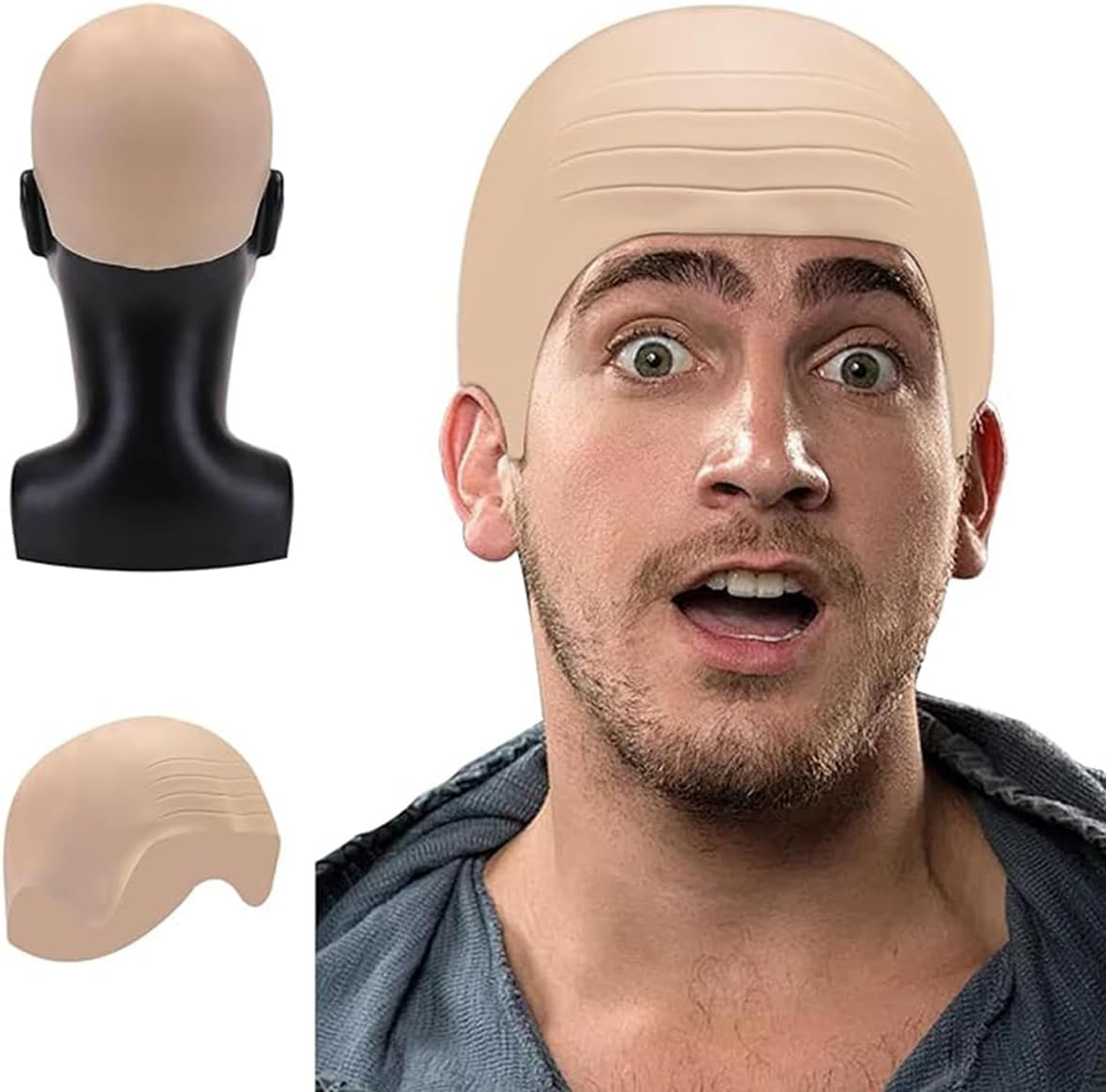 ZHER-LU 2Pcs Bald Cap Halloween Bald Caps Makeup Latex Bald Head Wig Cap Bald Hat Costume Accessories for Adults(Skin Color) image number 6