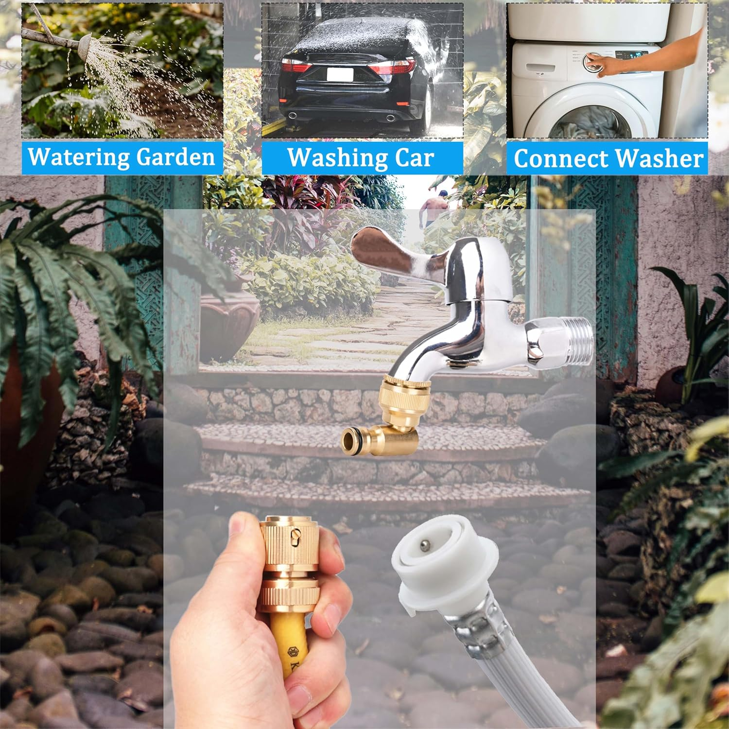 360&deg; Rotation Tap Adapter(3/4" and 1/2" Inner Female), Garden Hose Connector for Lawn& Garden,Washing Cars,Watering Plants image number 4