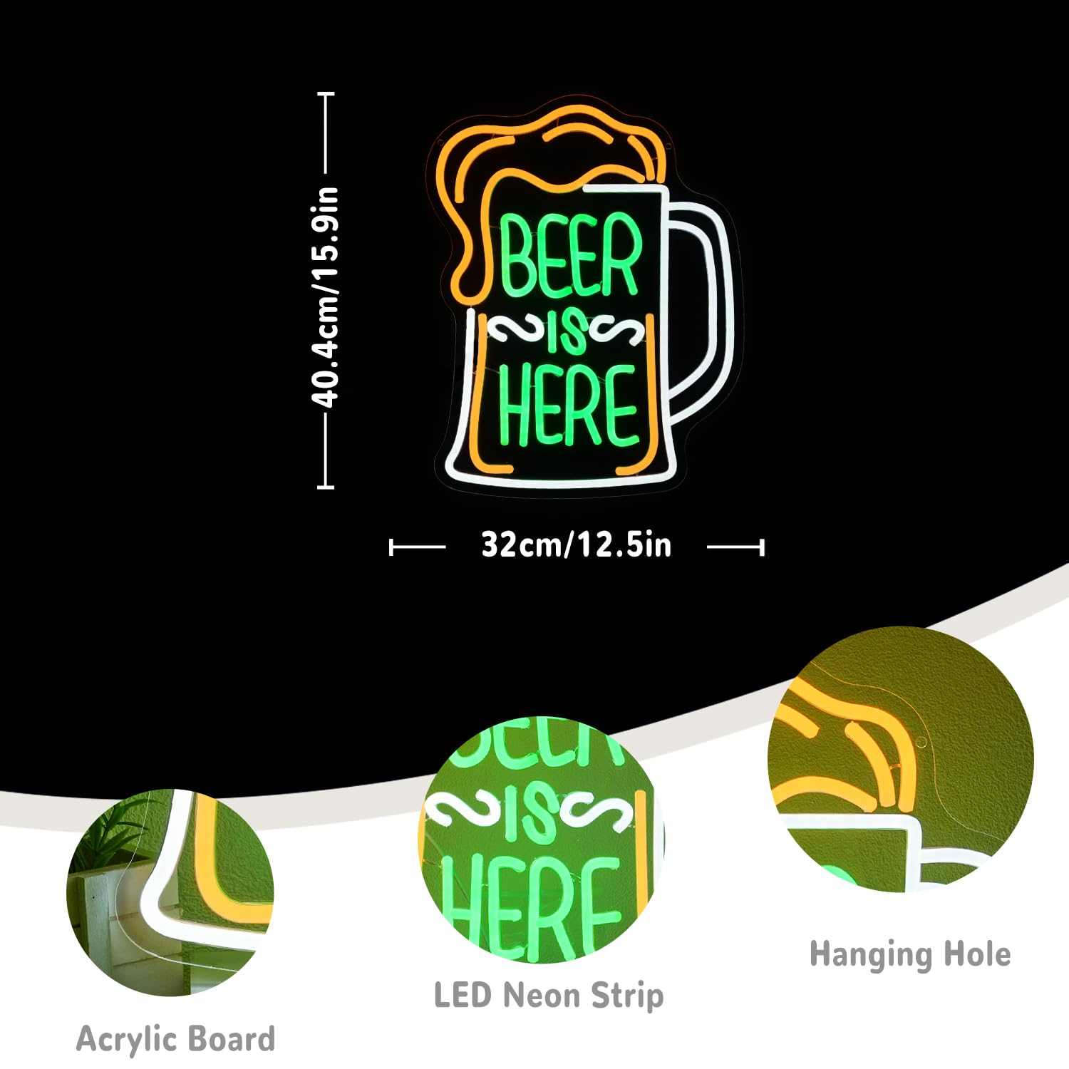 LMSIGNLY Beer Is Here Neon Sign for Wall Decor Beer Bar Neon Light Beer Glass Neon Light Sign Green Letter LED Sign for Home Nightclub Man Cave Restaurant Party - Cold Beer Open image number 5